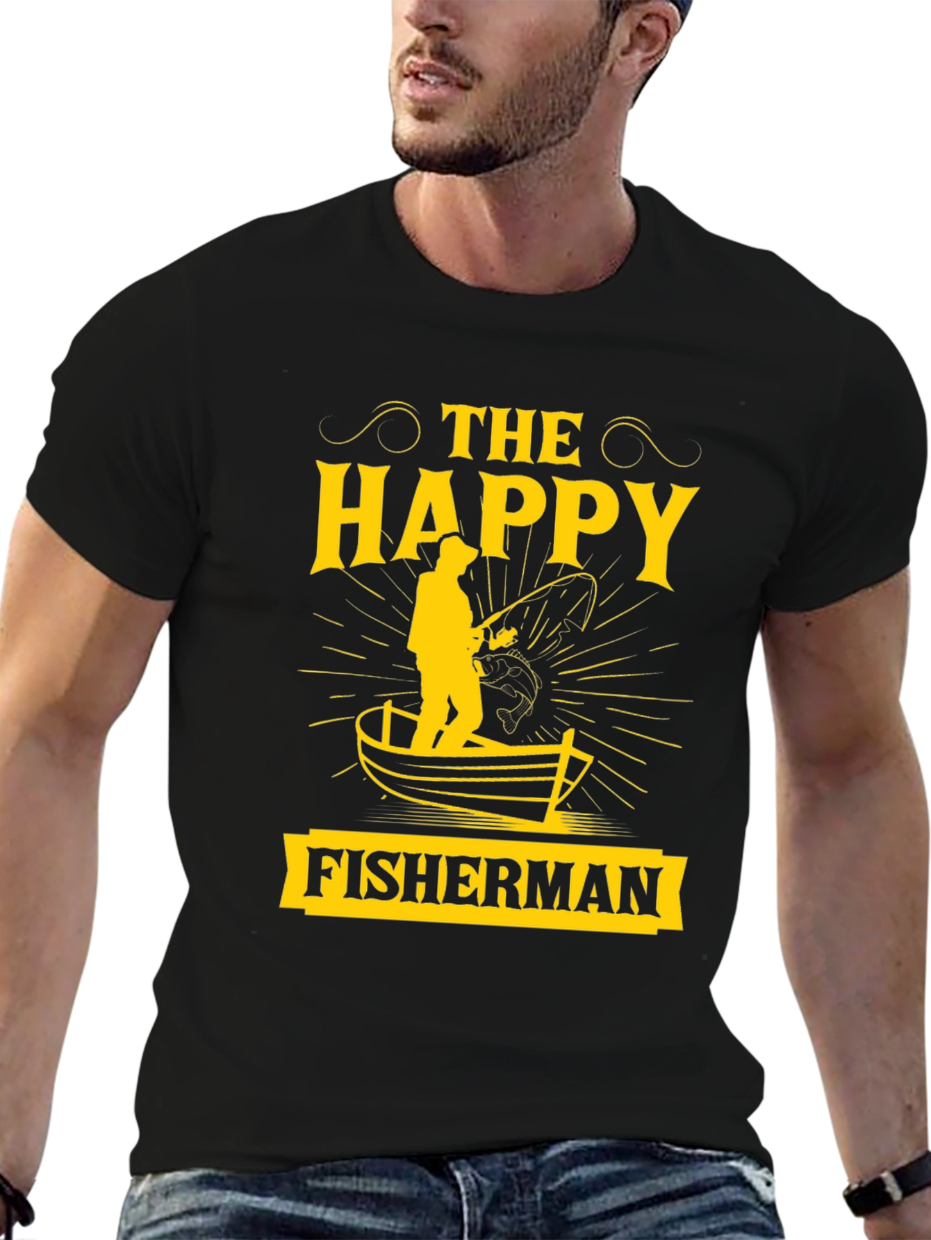 The Happy Fisherman Black Graphic T-Shirt