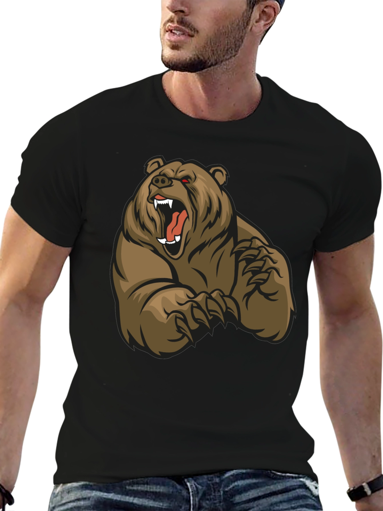 Black T-Shirt with Roaring Bear Graphic