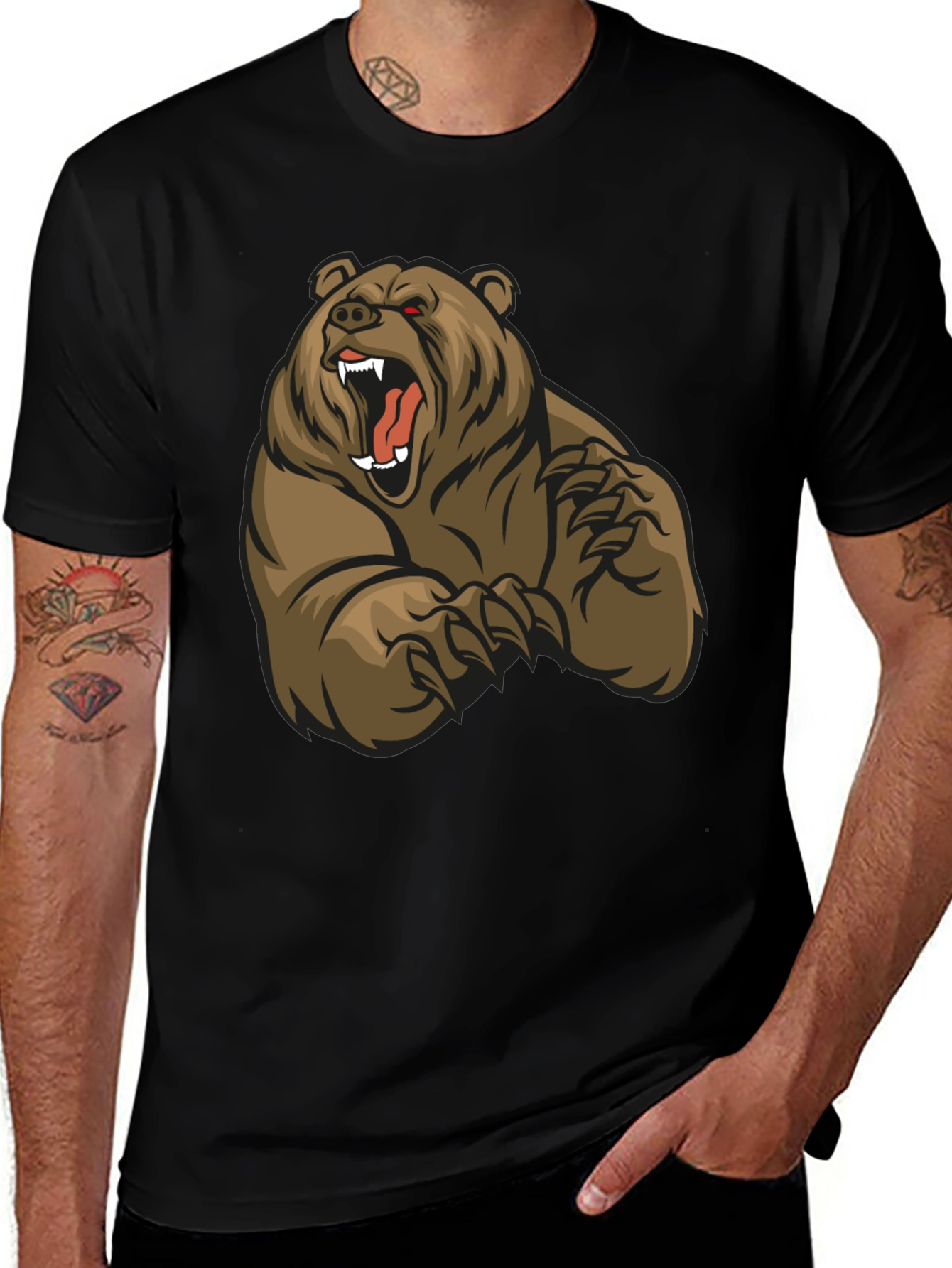 Black T-Shirt with Roaring Bear Graphic