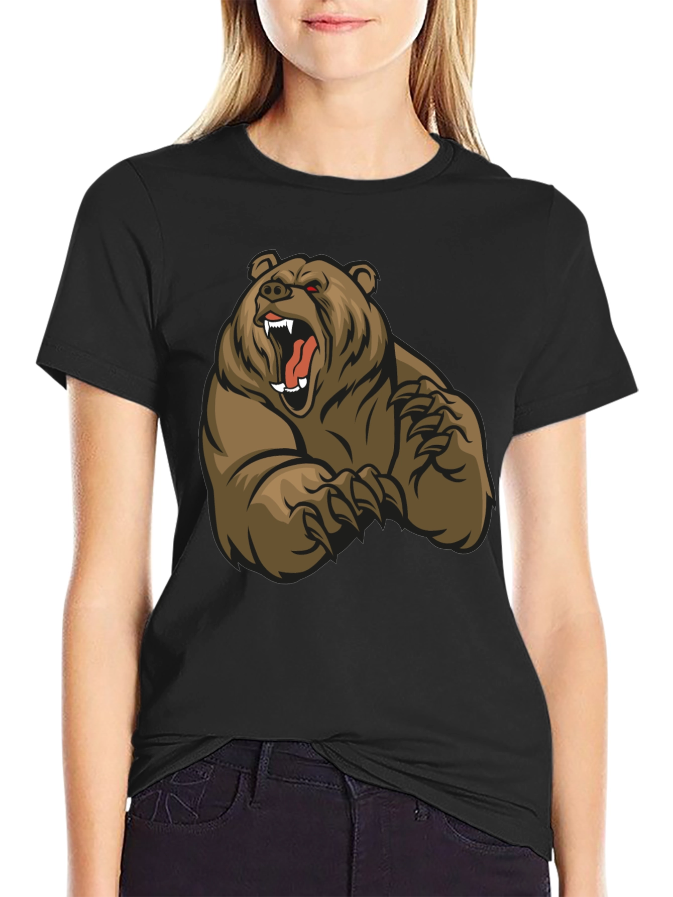 Black T-Shirt with Roaring Bear Graphic