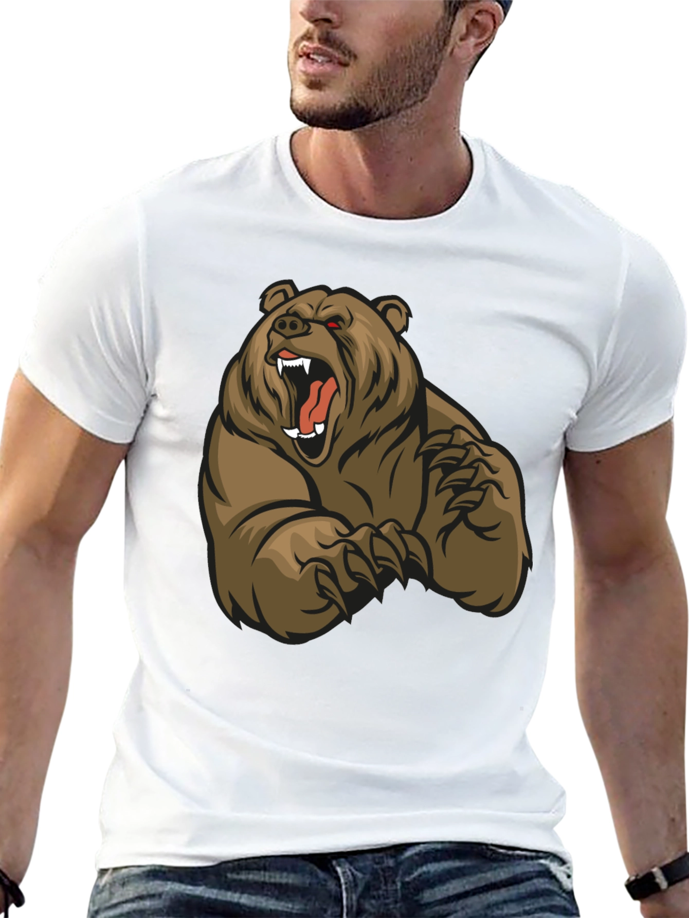 Black T-Shirt with Roaring Bear Graphic