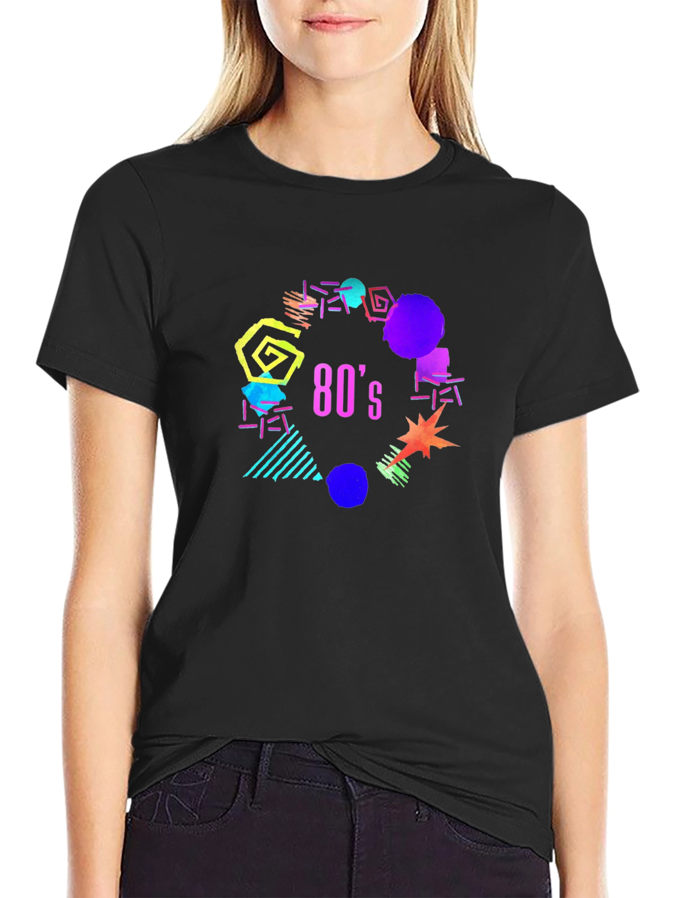 Retro 80s Graphic Tee - Black Cotton T-Shirt
