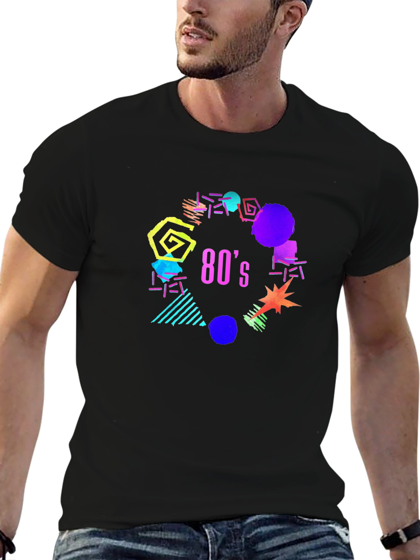 Retro 80s Graphic Tee - Black Cotton T-Shirt