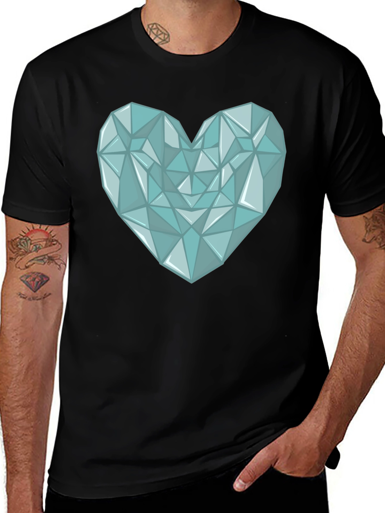 Geometric Heart Print Mens Black T-Shirt