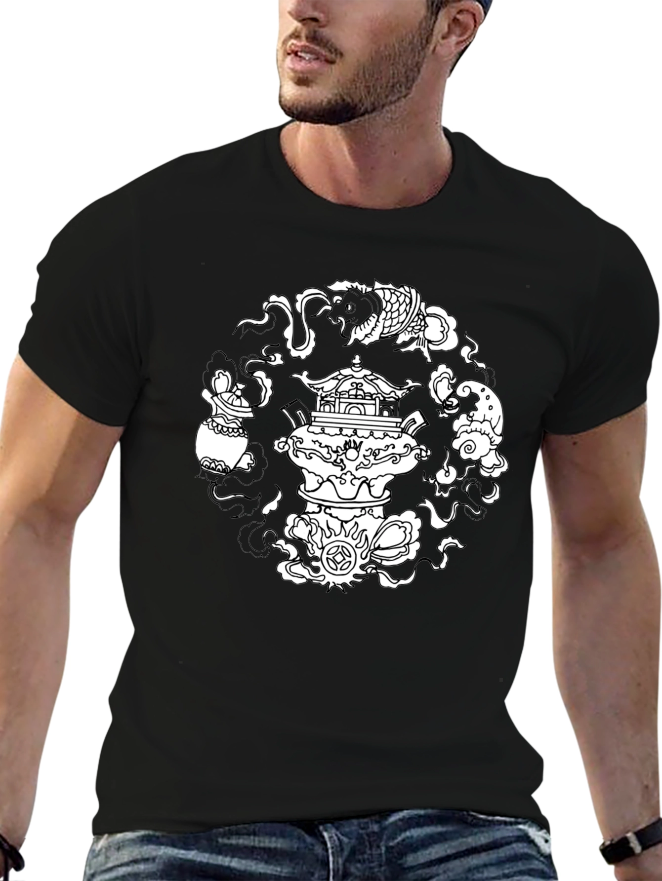 Mens Black T-Shirt with Asian-Inspired Graphic