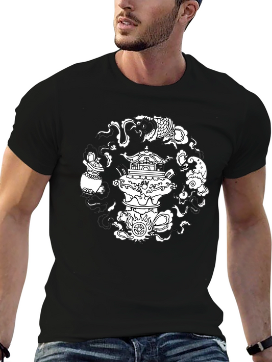 Mens Black T-Shirt with Asian-Inspired Graphic