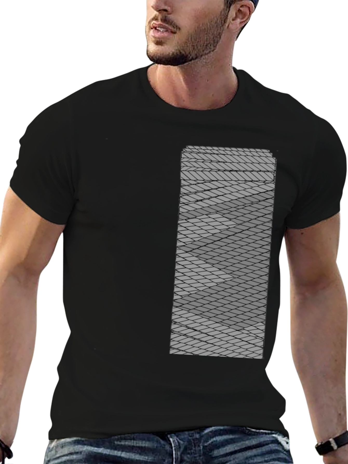 Geometric Patterned Mens Black Tee