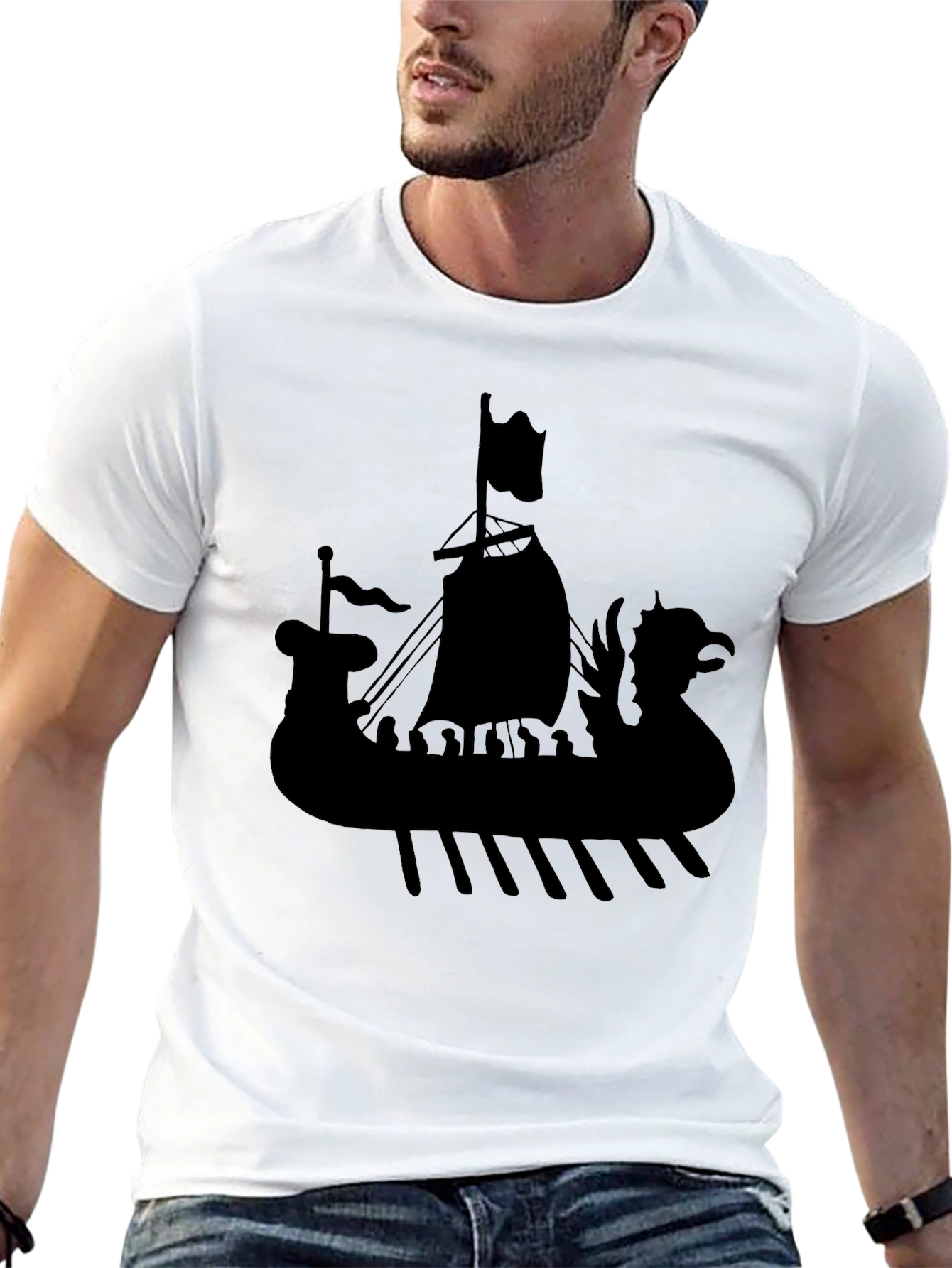 Viking Ship Graphic Tee - Black Cotton T-Shirt