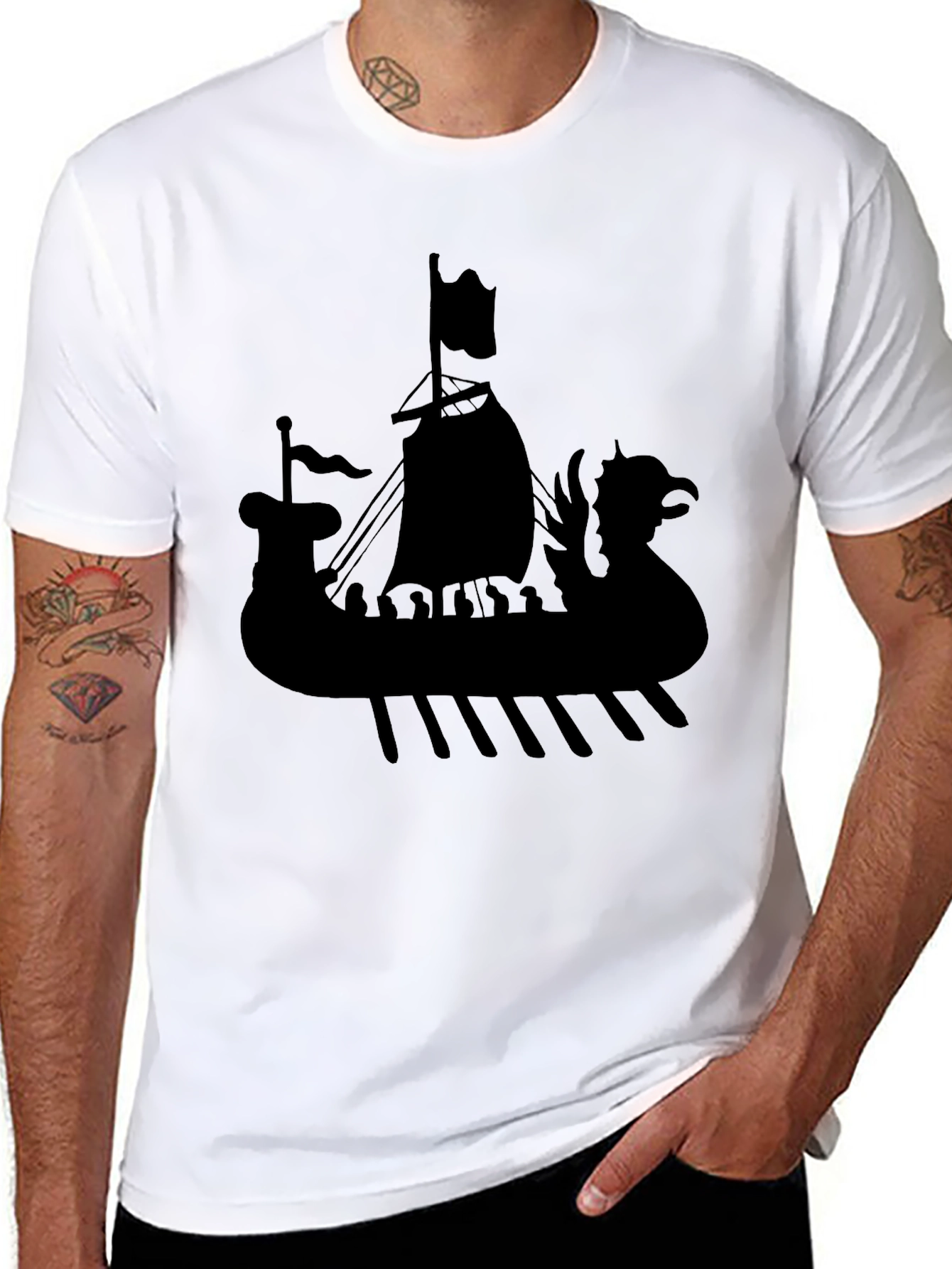 Viking Ship Graphic Tee - Black Cotton T-Shirt