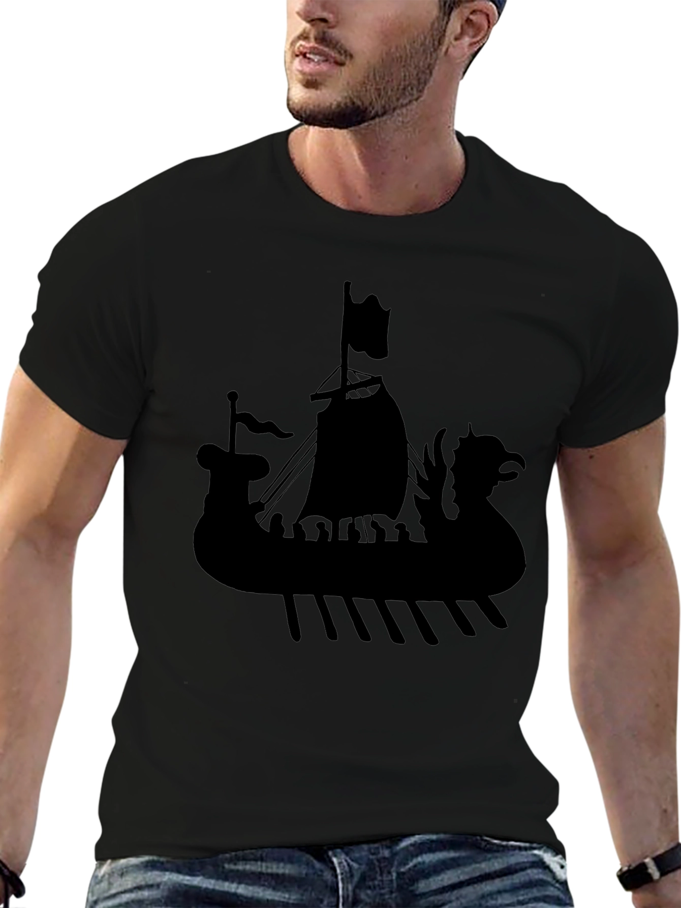 Viking Ship Graphic Tee - Black Cotton T-Shirt