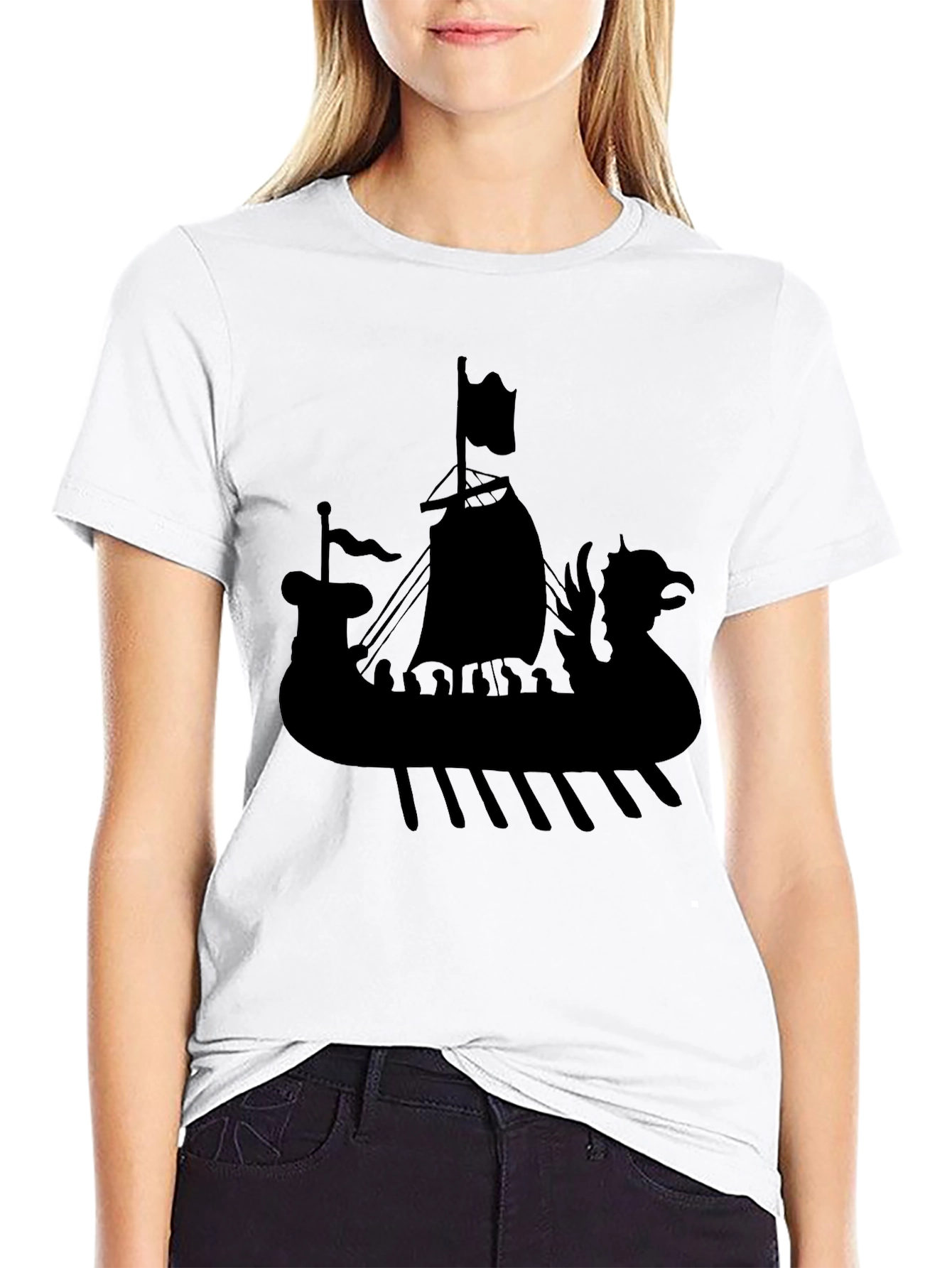 Viking Ship Graphic Tee - Black Cotton T-Shirt