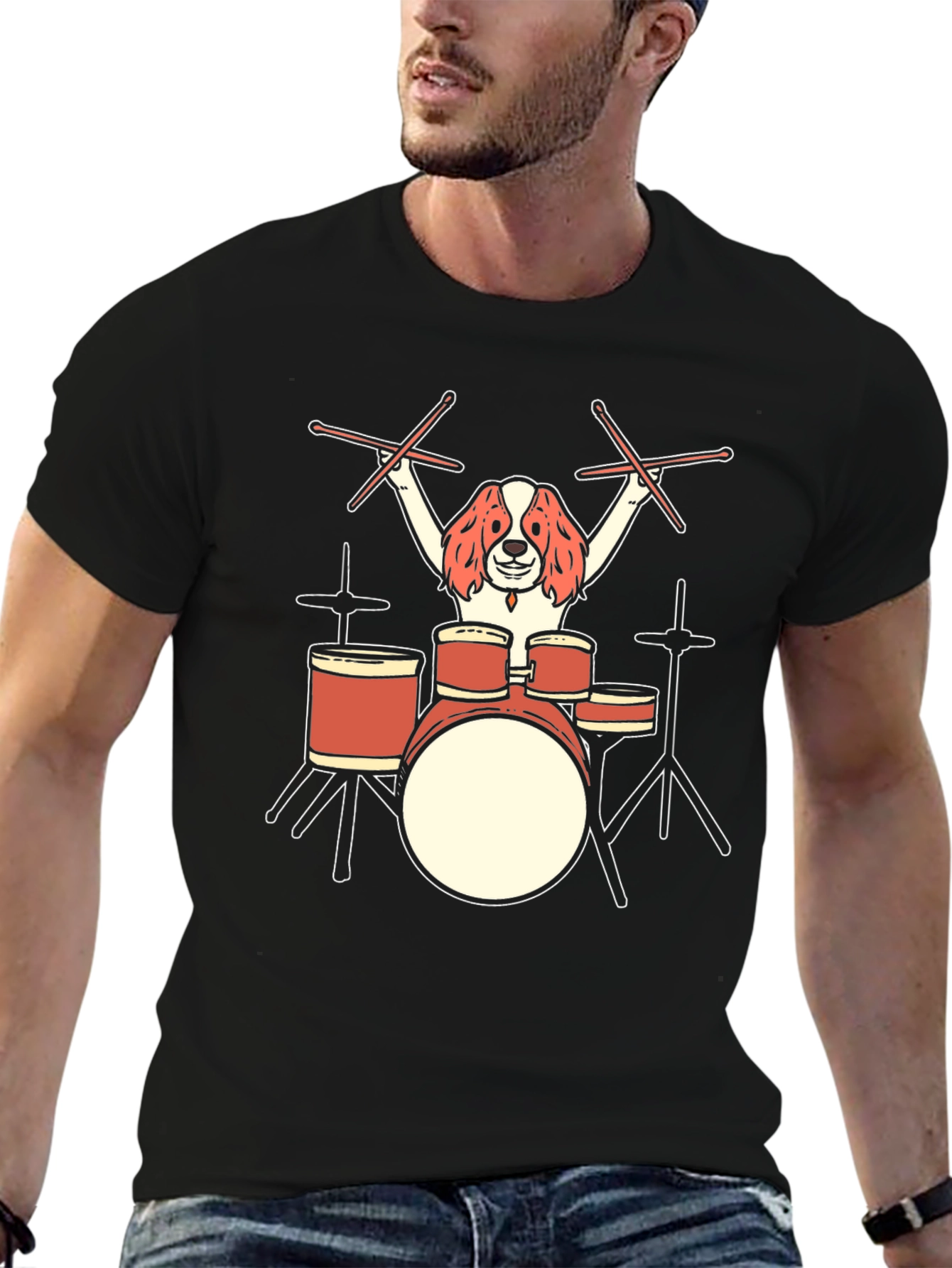 Dog Drummer Graphic T-Shirt - Black Cotton Tee