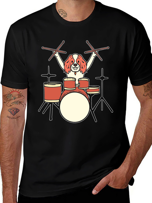 Dog Drummer Graphic T-Shirt - Black Cotton Tee