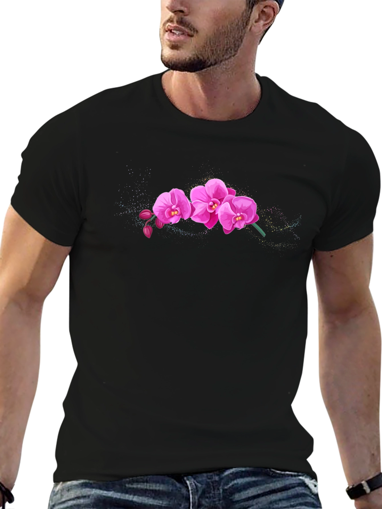 Pink Orchid Graphic Black T-Shirt
