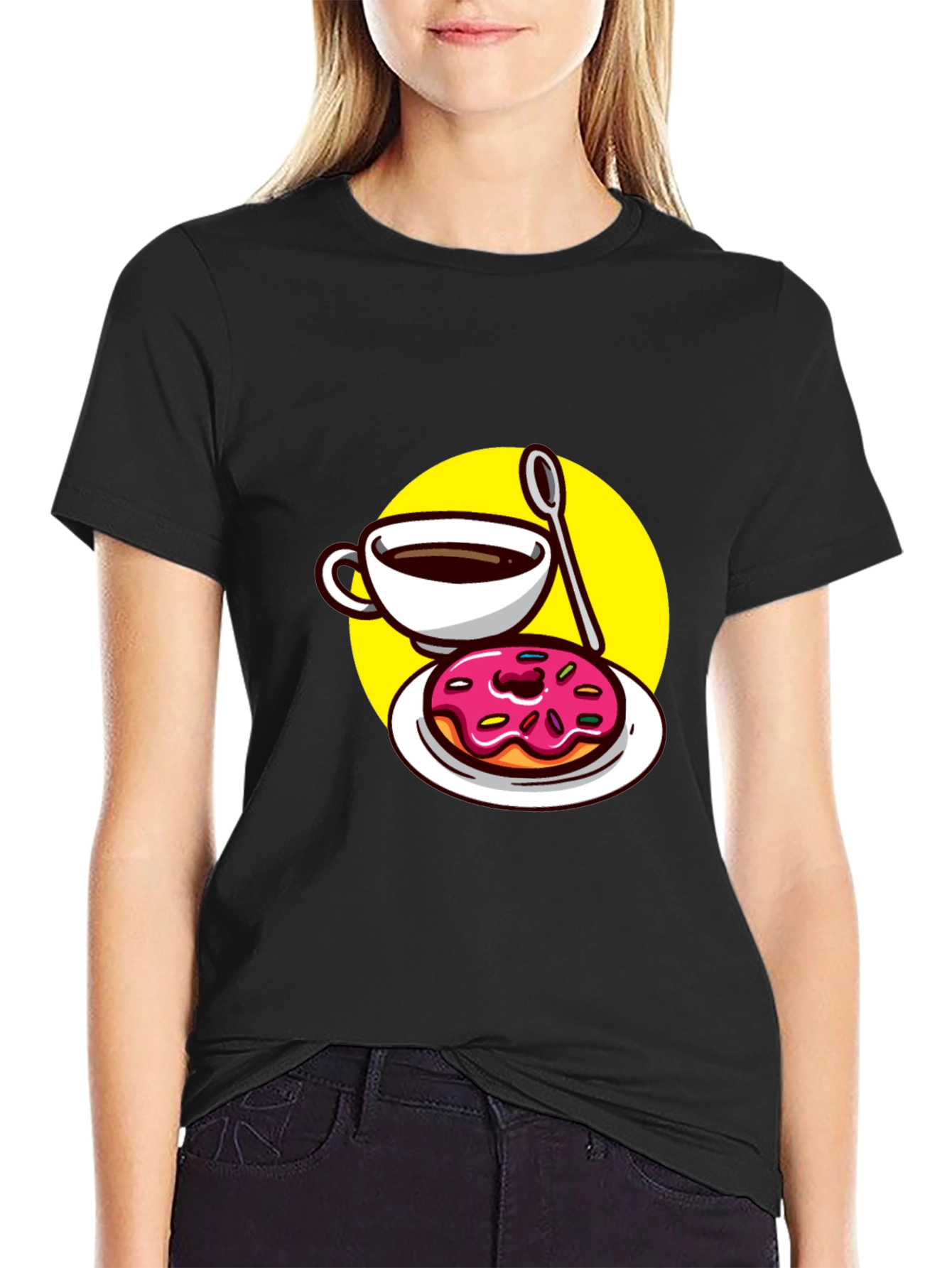 Coffee & Donut T-Shirt - Black Fun Graphic Tee
