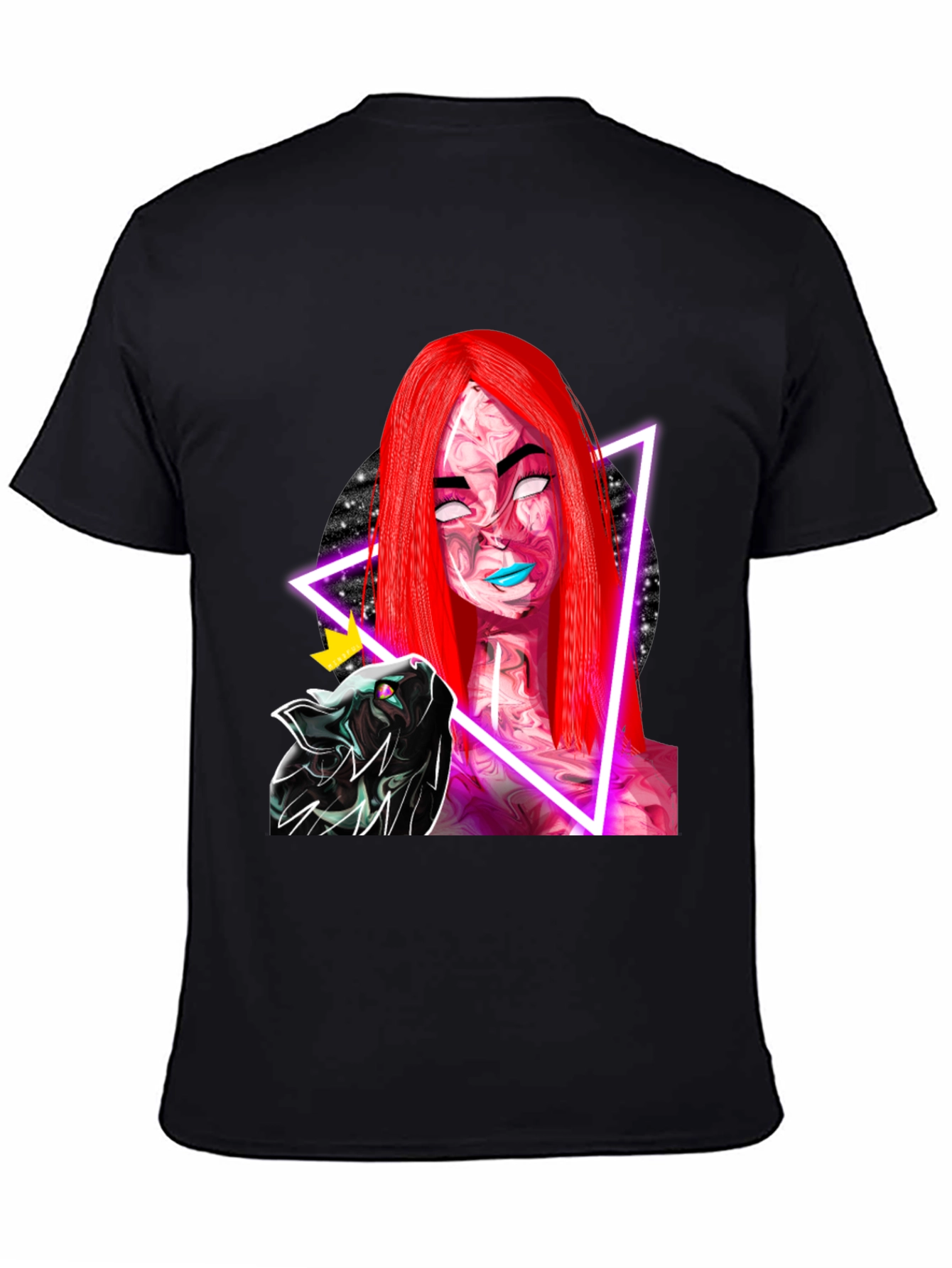 Neon Galaxy Woman & Cat Black T-Shirt