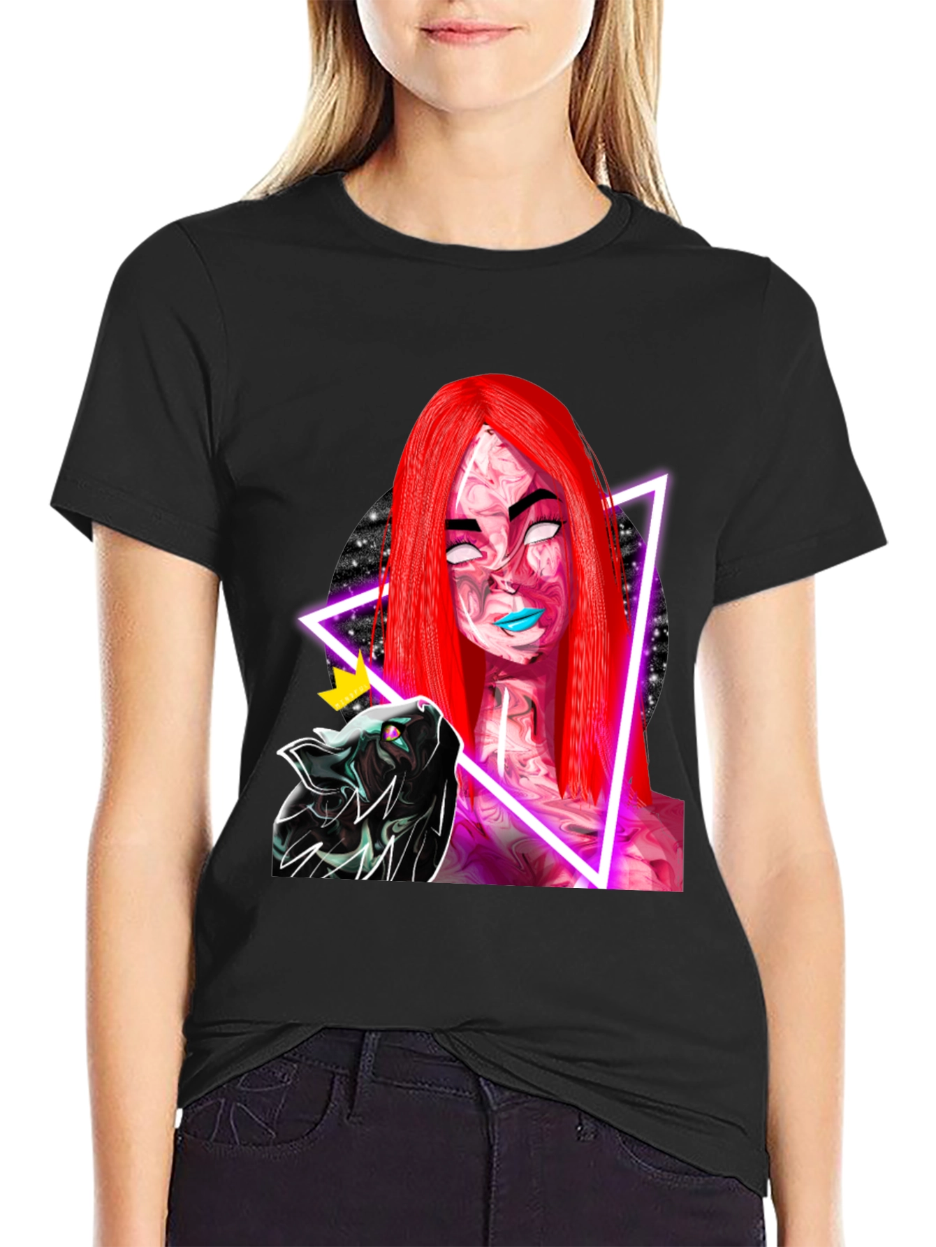 Neon Galaxy Woman & Cat Black T-Shirt