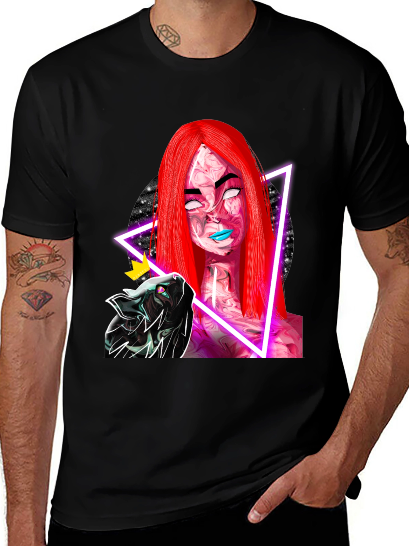 Neon Galaxy Woman & Cat Black T-Shirt