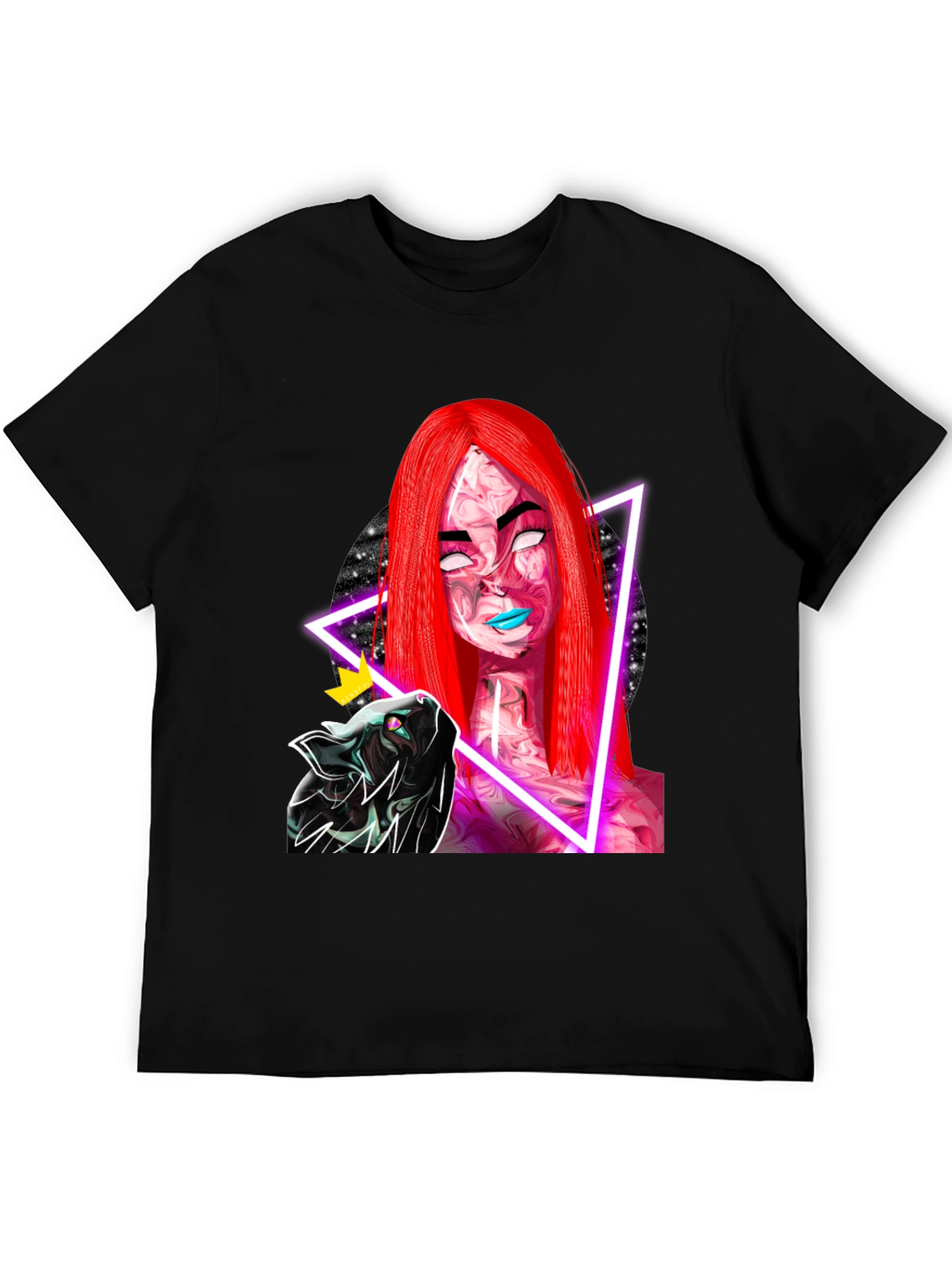 Neon Galaxy Woman & Cat Black T-Shirt