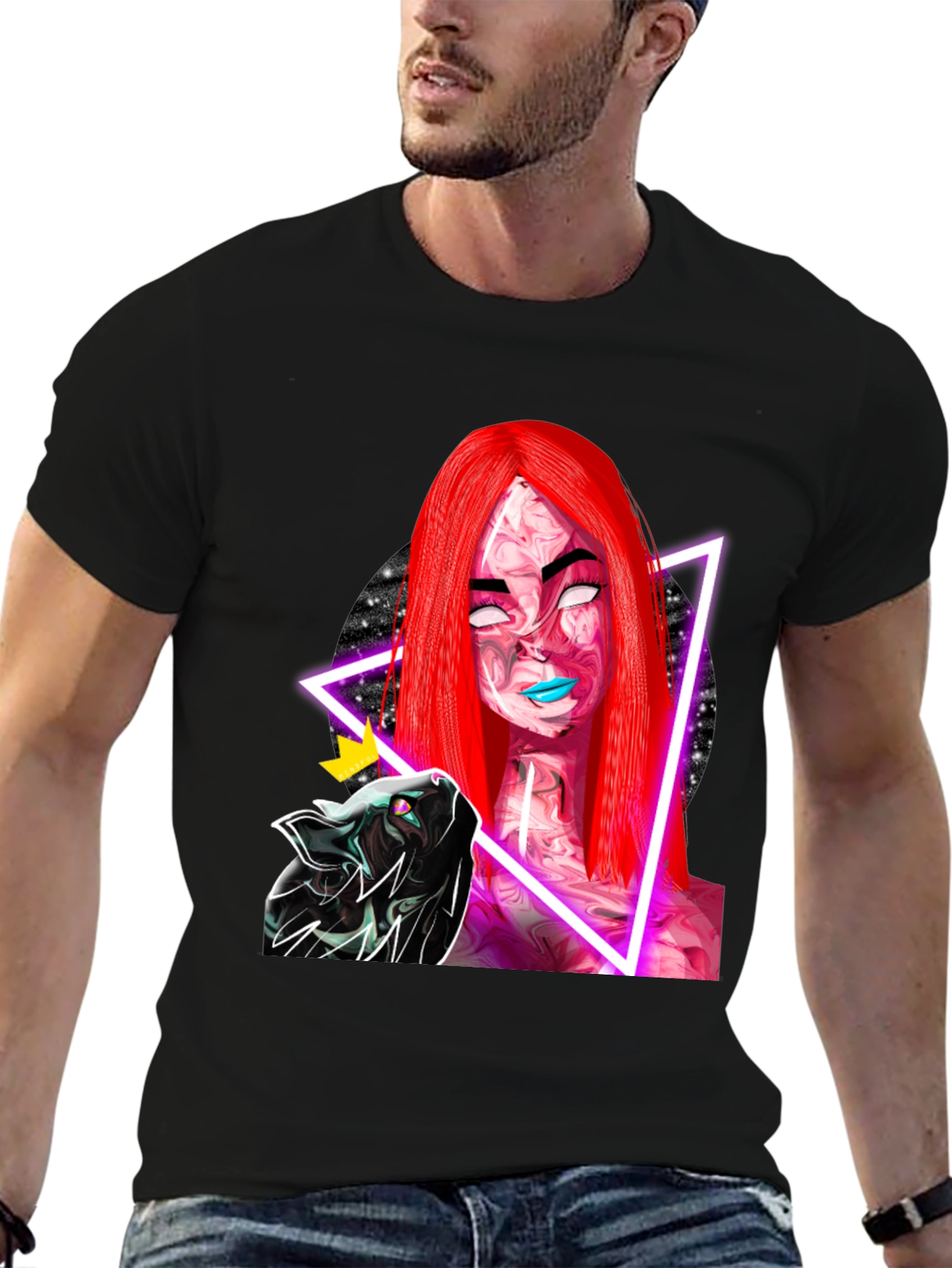 Neon Galaxy Woman & Cat Black T-Shirt