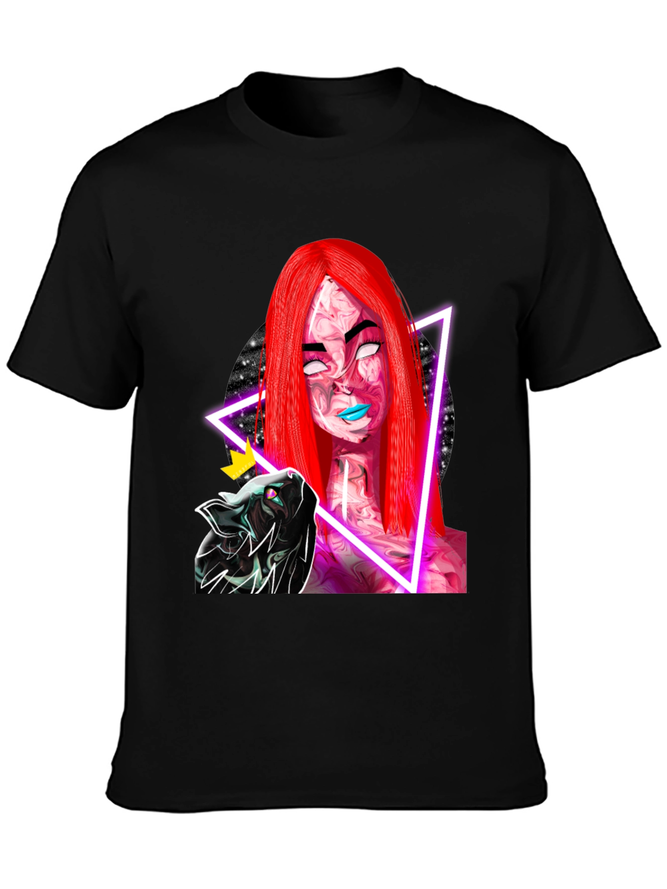 Neon Galaxy Woman & Cat Black T-Shirt
