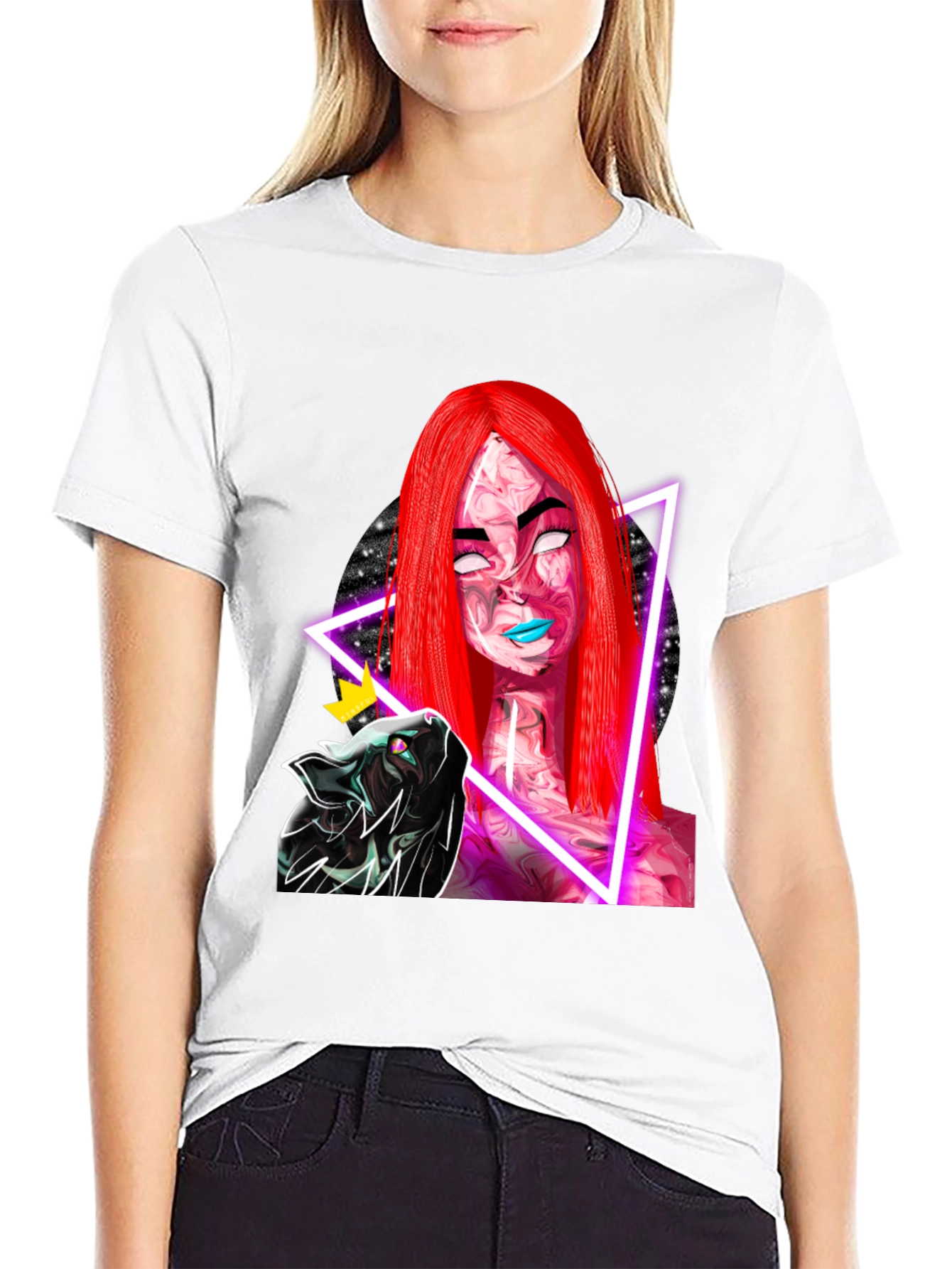 Neon Galaxy Woman & Cat Black T-Shirt