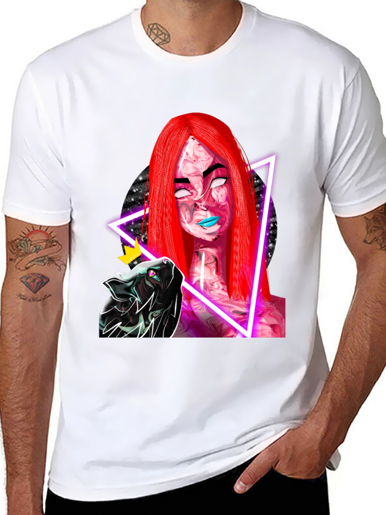 Neon Galaxy Woman & Cat Black T-Shirt