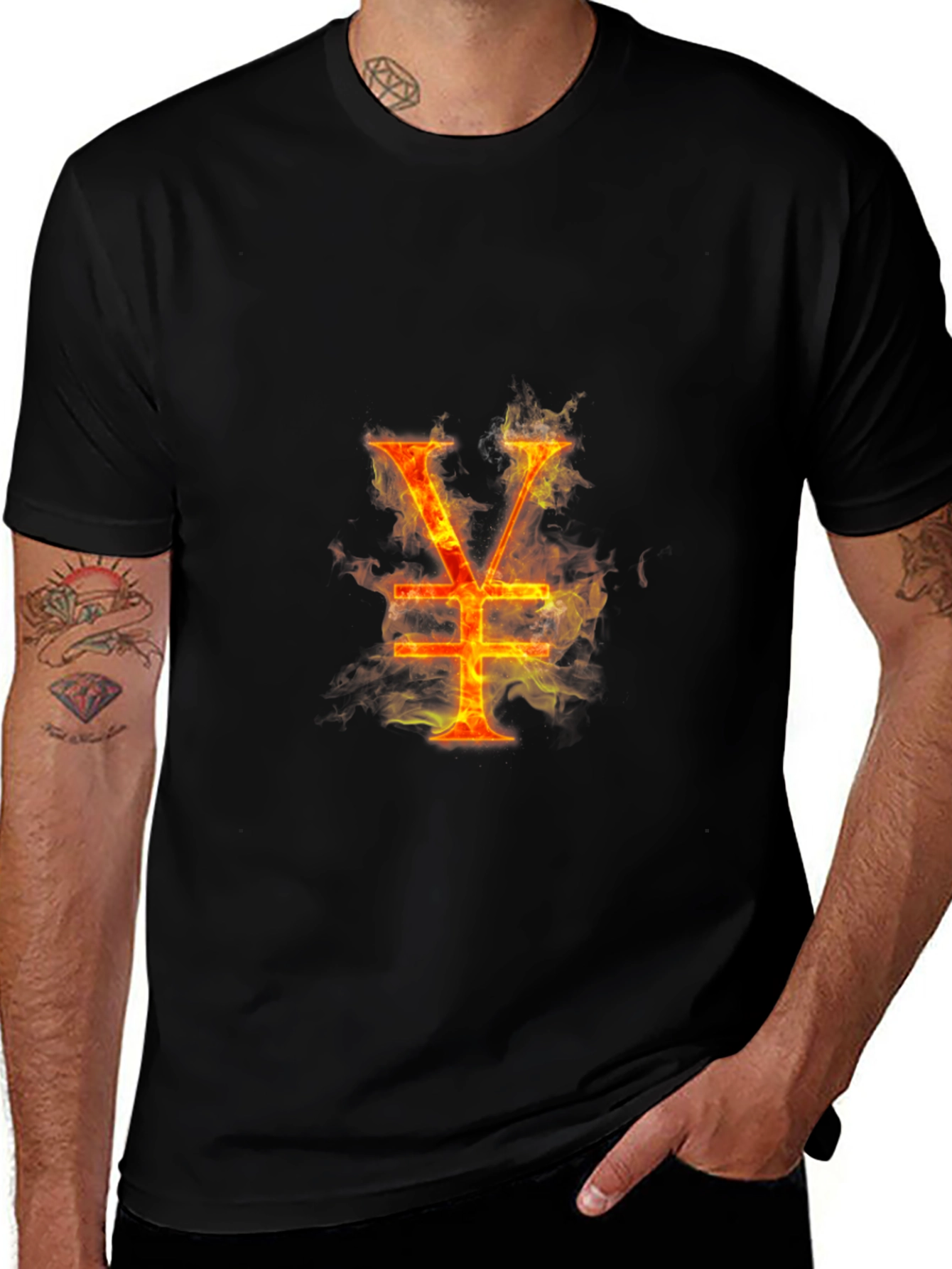 Fiery Yen Symbol Graphic Tee - Black Cotton