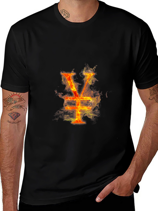 Fiery Yen Symbol Graphic Tee - Black Cotton