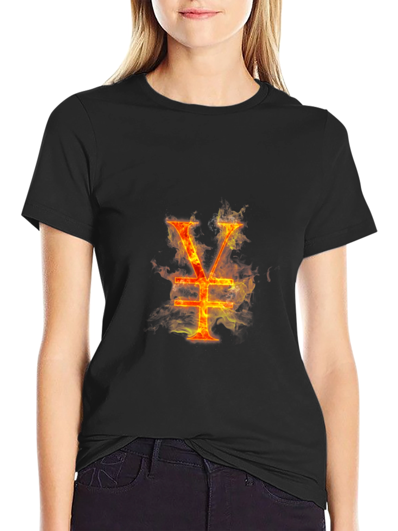 Fiery Yen Symbol Graphic Tee - Black Cotton