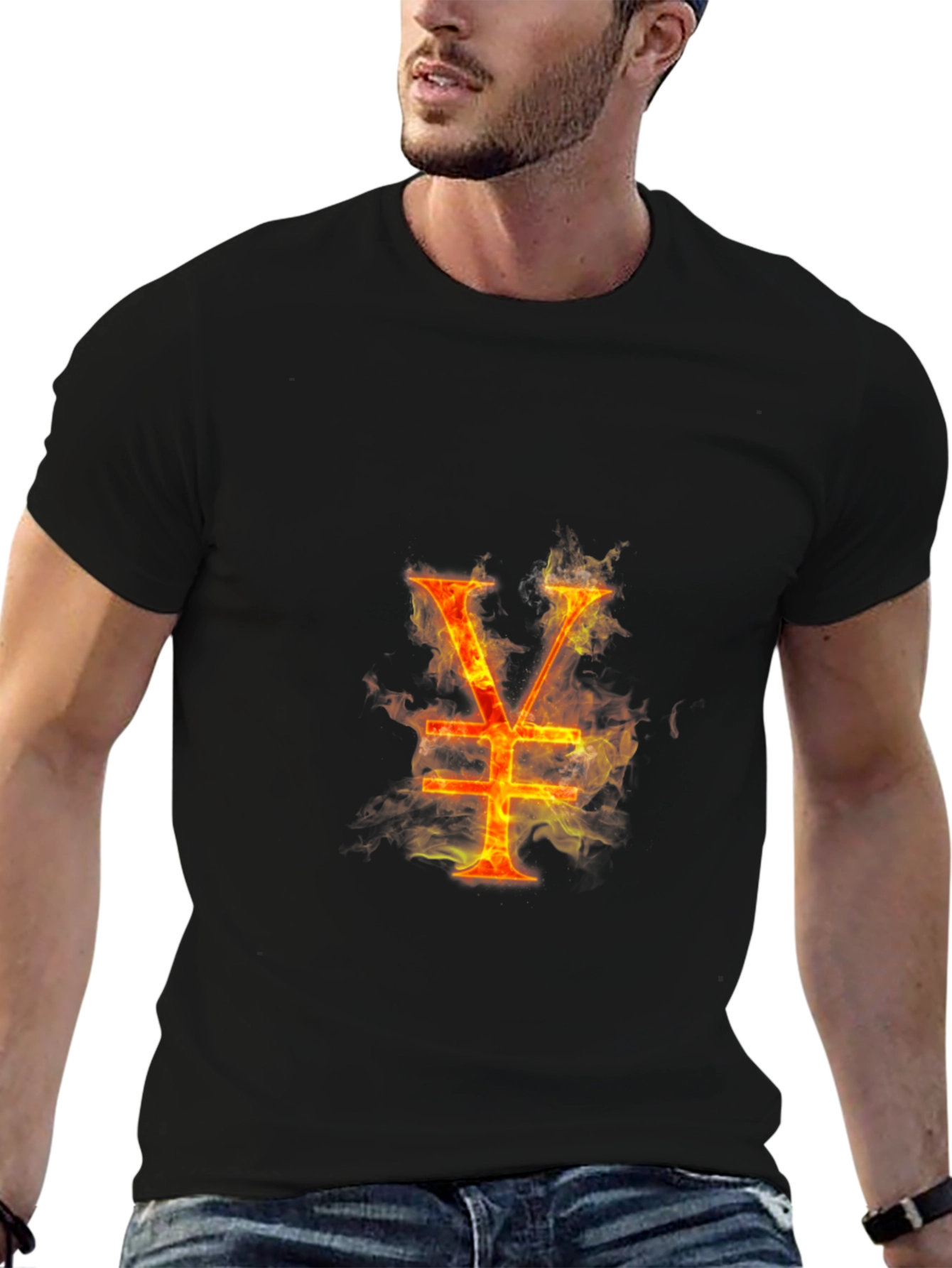 Fiery Yen Symbol Graphic Tee - Black Cotton