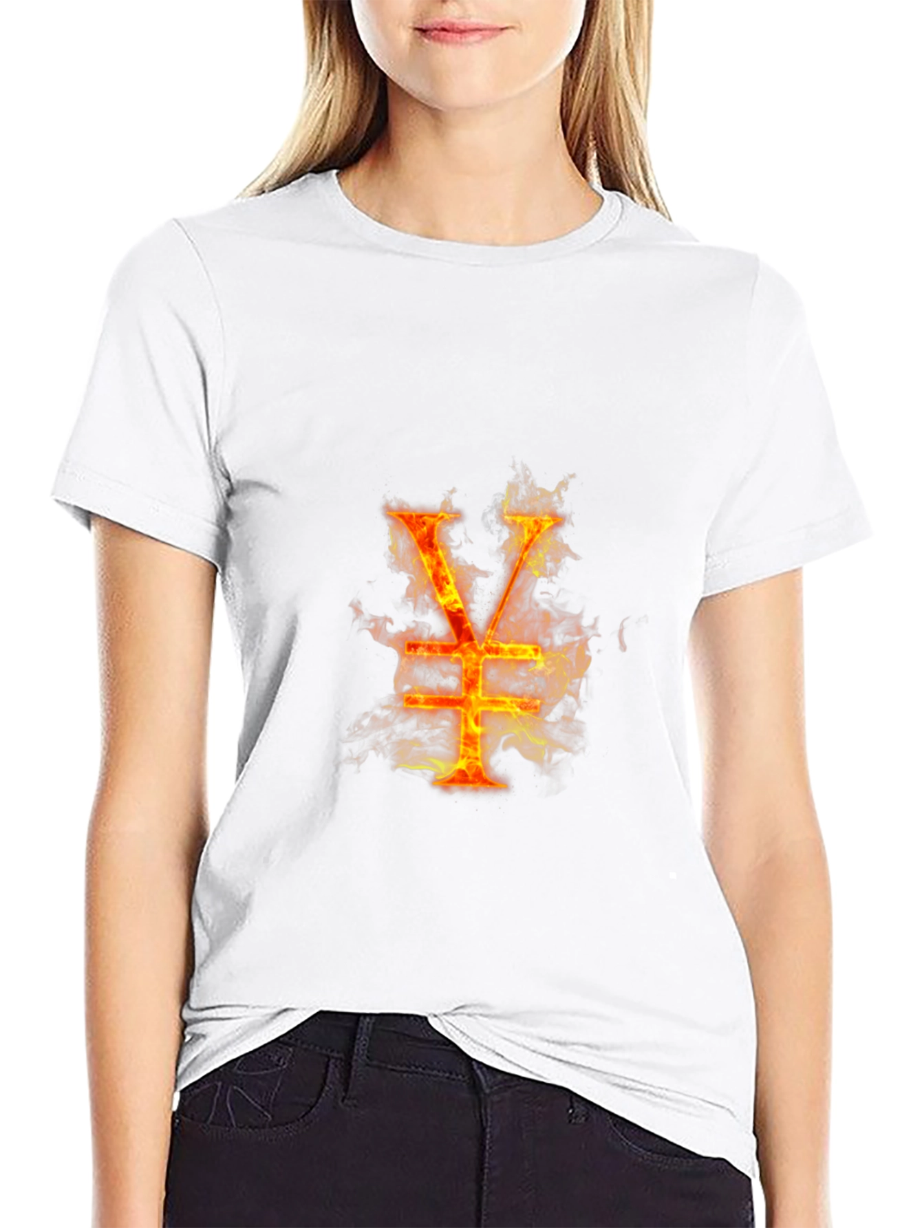 Fiery Yen Symbol Graphic Tee - Black Cotton