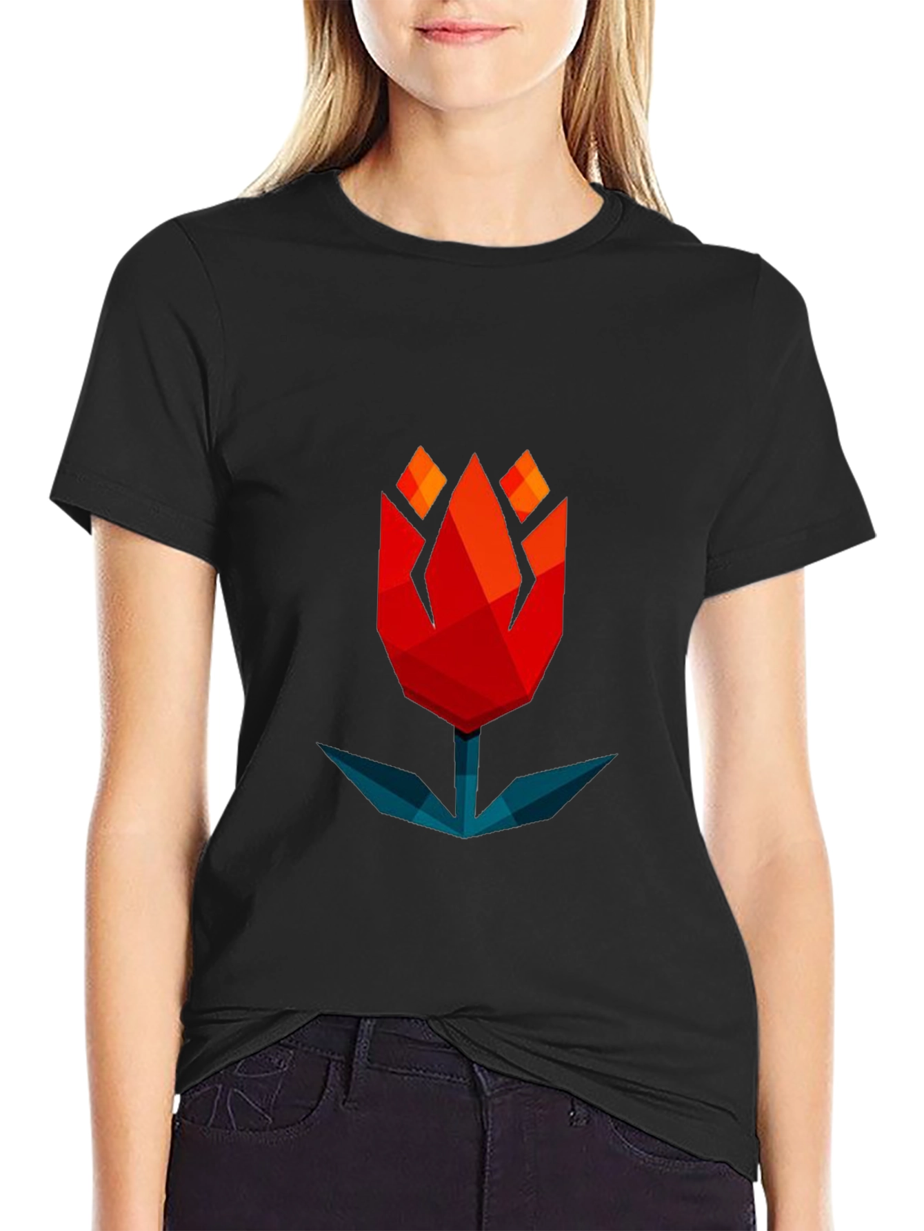 Geometric Tulip Graphic Tee - Modern Black T-Shirt