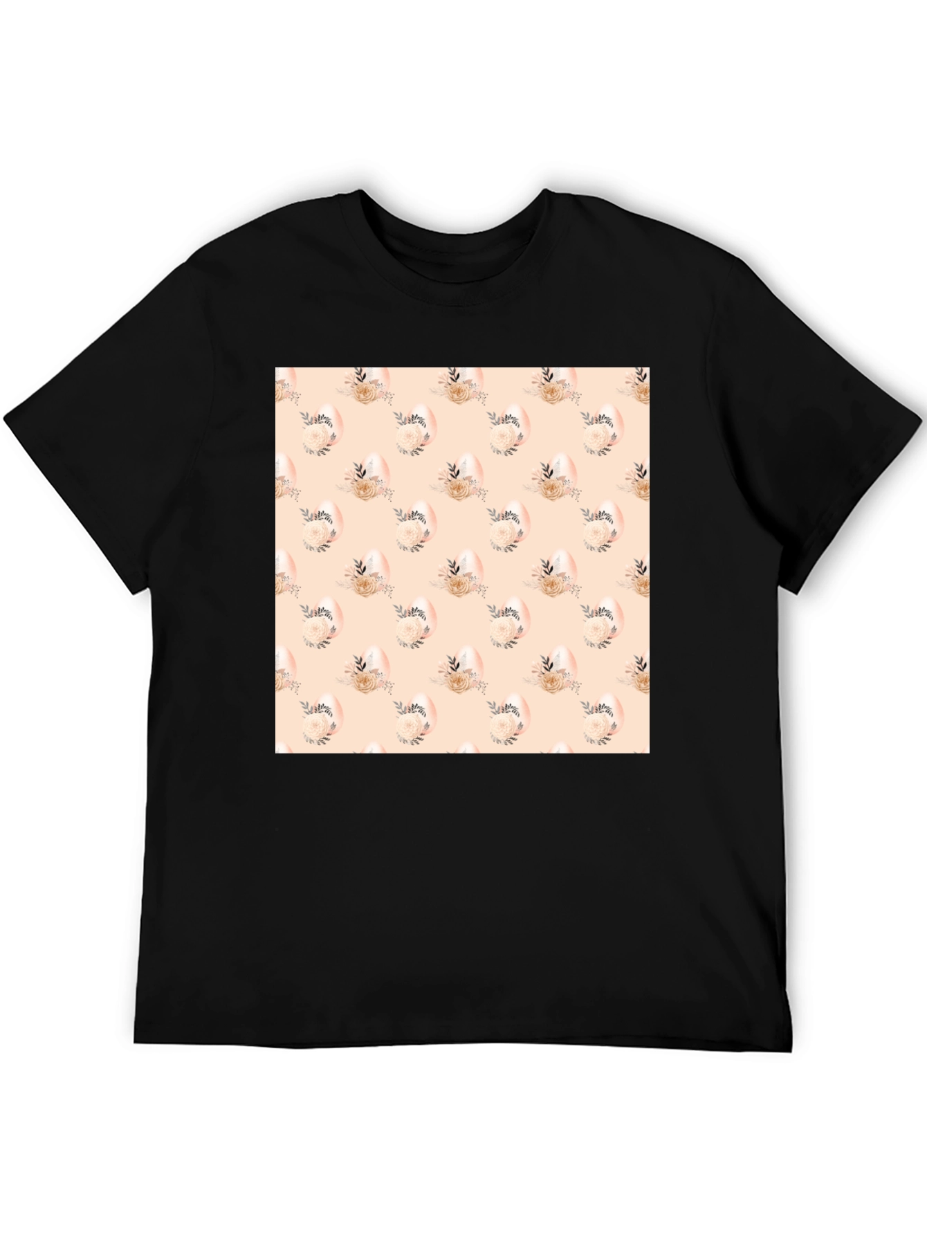 Floral Easter Egg Pattern Black T-Shirt