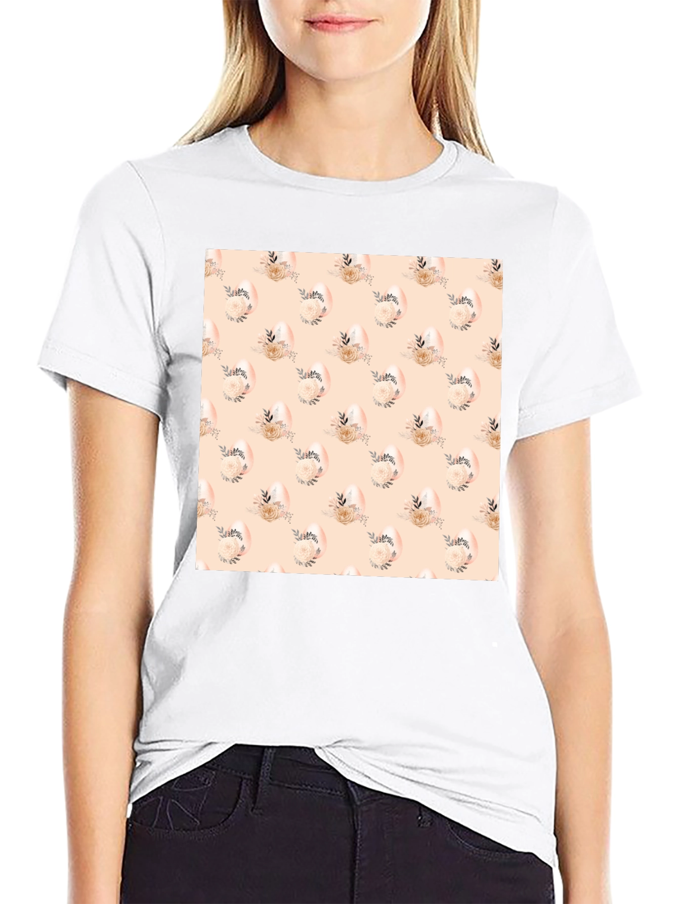 Floral Easter Egg Pattern Black T-Shirt