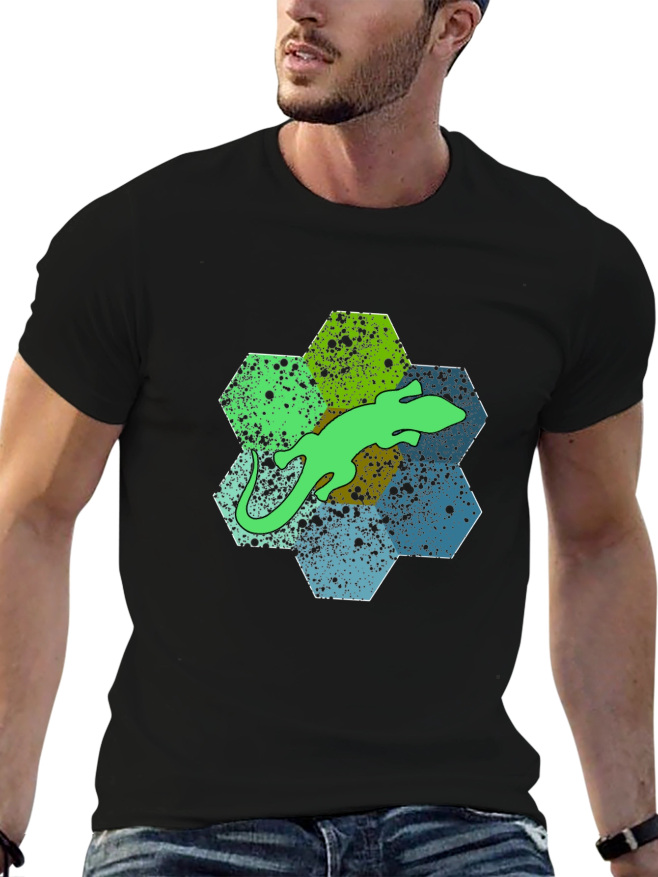 Hexagon Lizard Graphic Tee - Stylish Mens Black T-Shirt