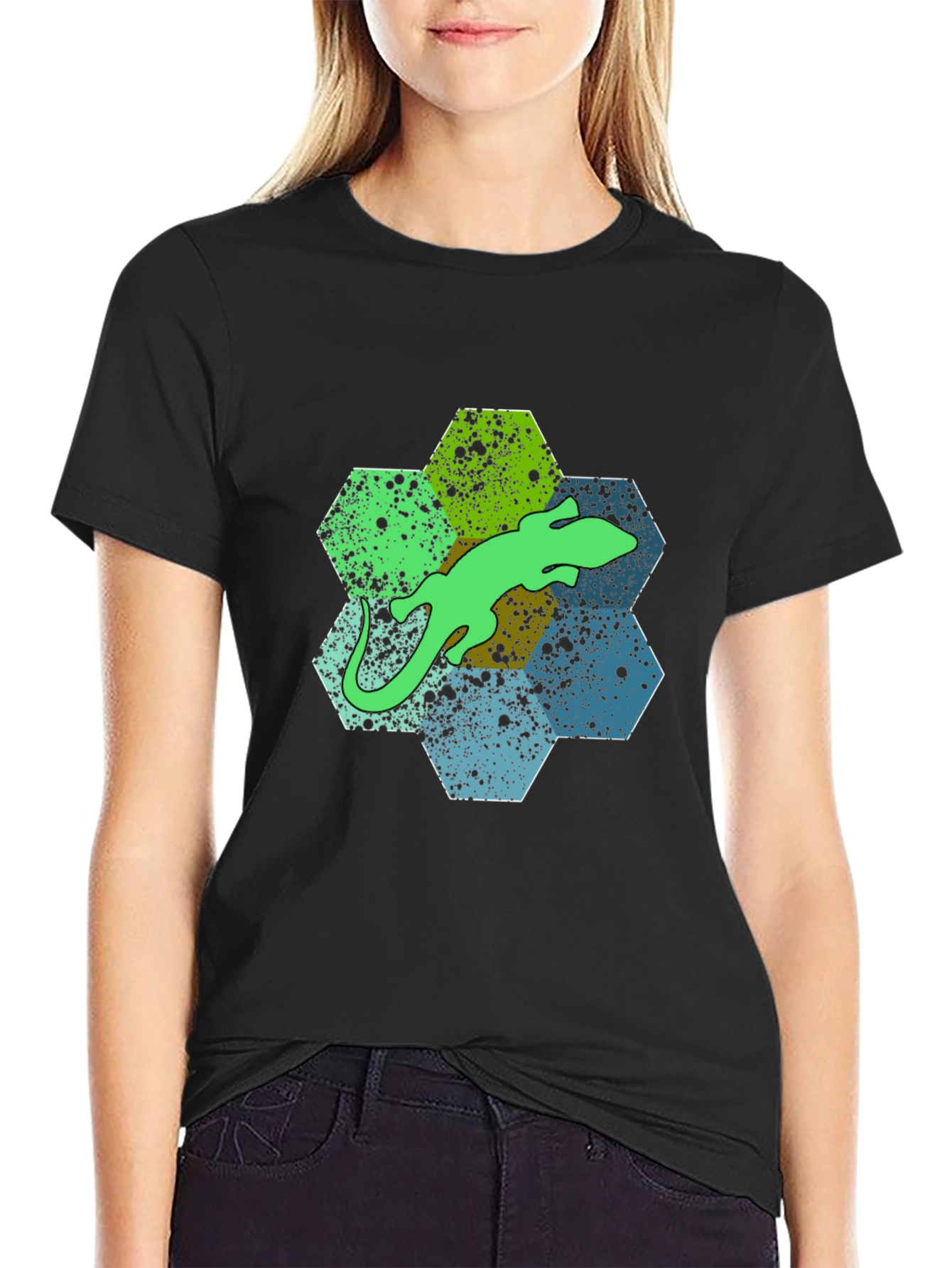 Hexagon Lizard Graphic Tee - Stylish Mens Black T-Shirt
