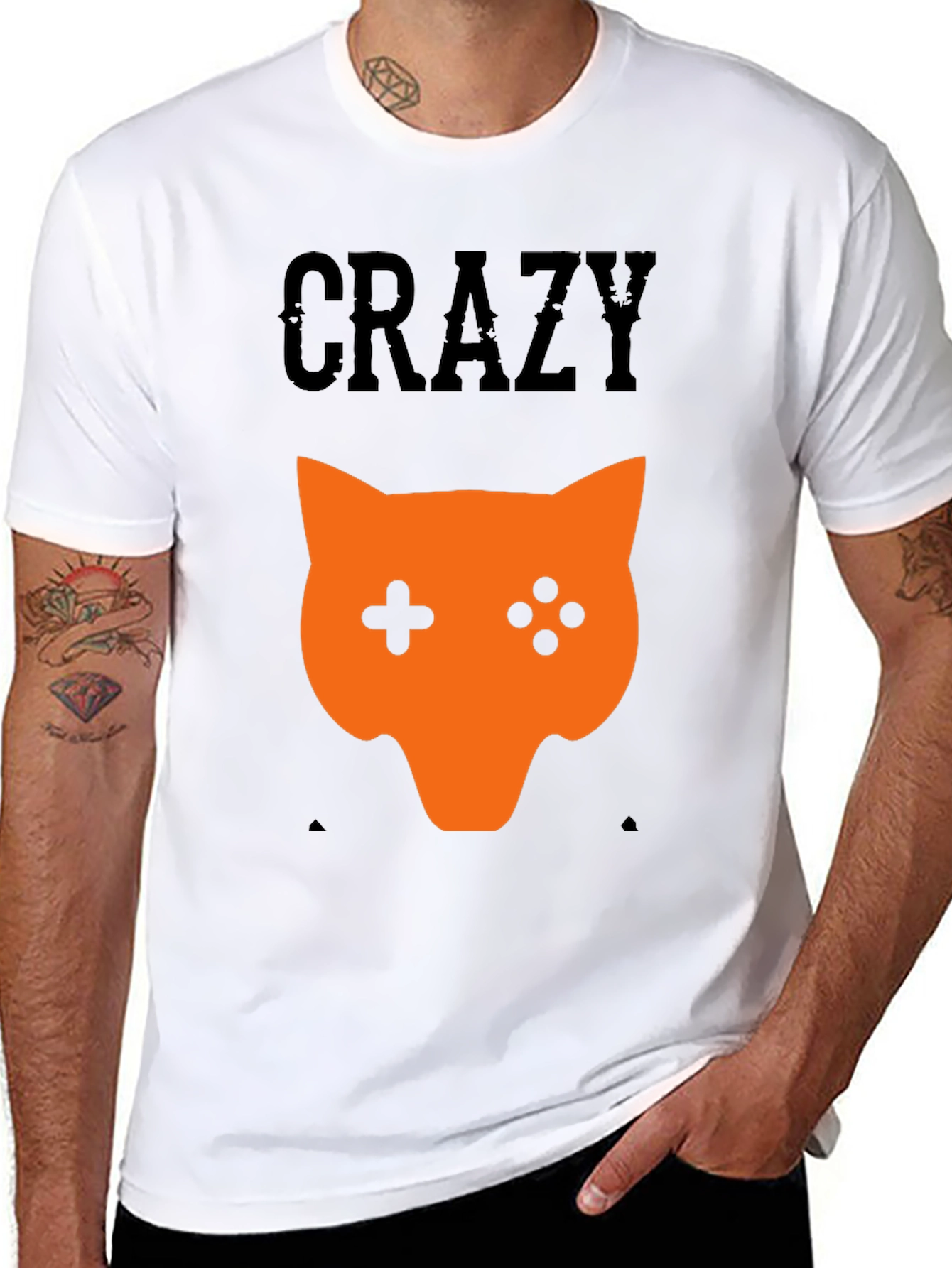 Crazy Gamer Cat Graphic Tee - Black