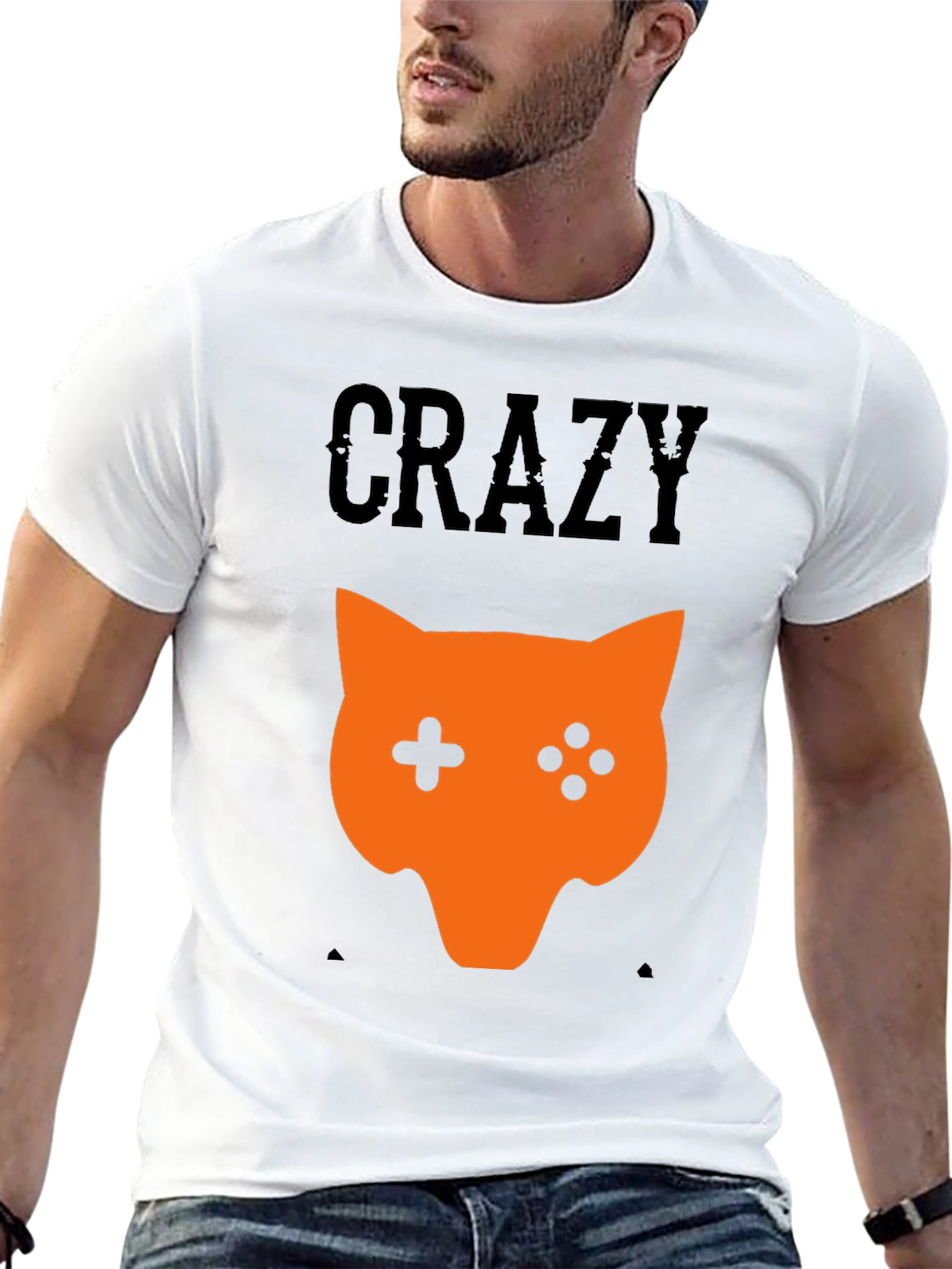 Crazy Gamer Cat Graphic Tee - Black