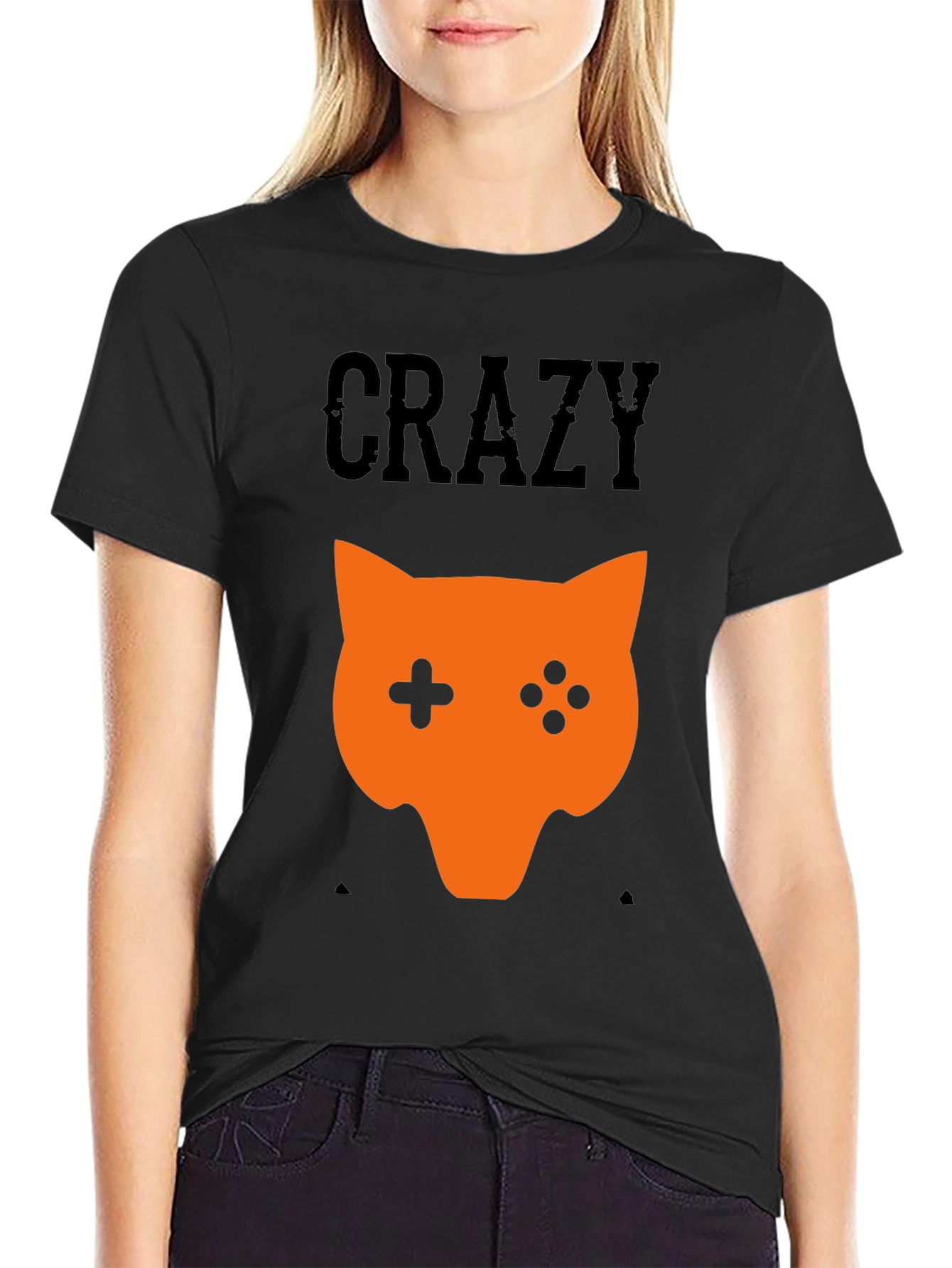 Crazy Gamer Cat Graphic Tee - Black
