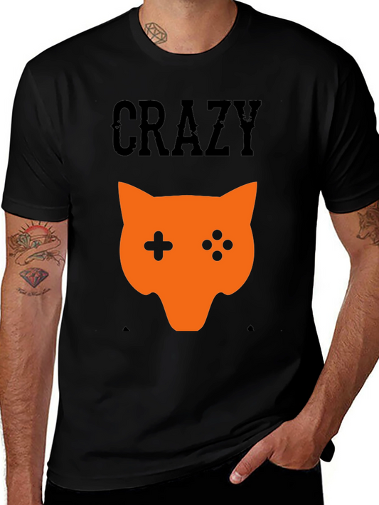 Crazy Gamer Cat Graphic Tee - Black