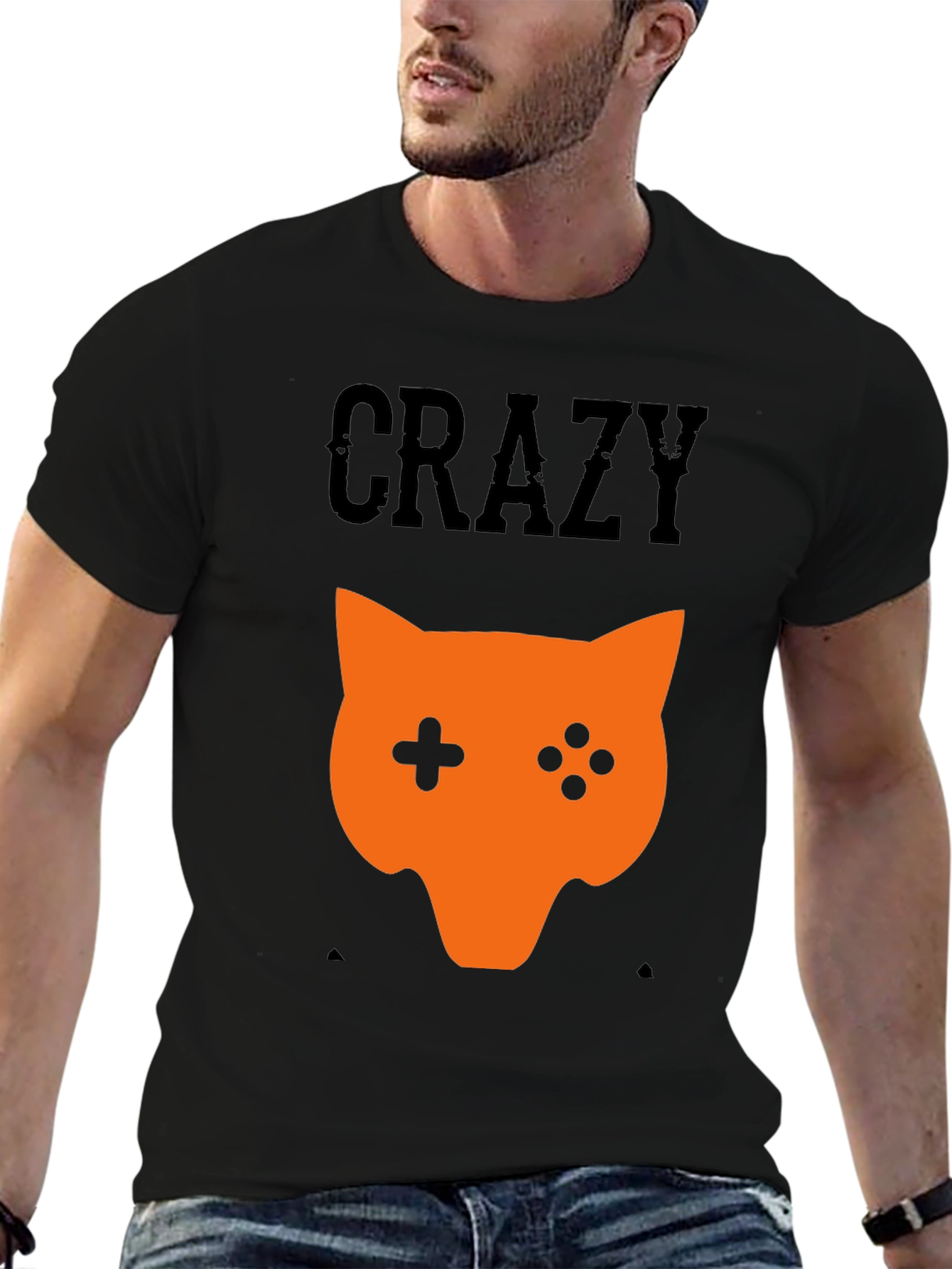 Crazy Gamer Cat Graphic Tee - Black