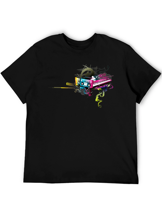 Retro Music Graphic T-Shirt - Cassette & Keyboard Design