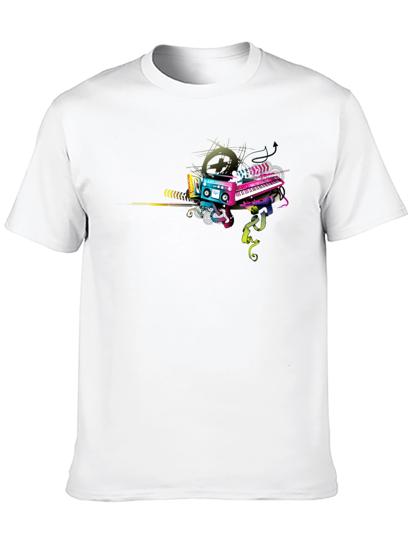 Retro Music Graphic T-Shirt - Cassette & Keyboard Design