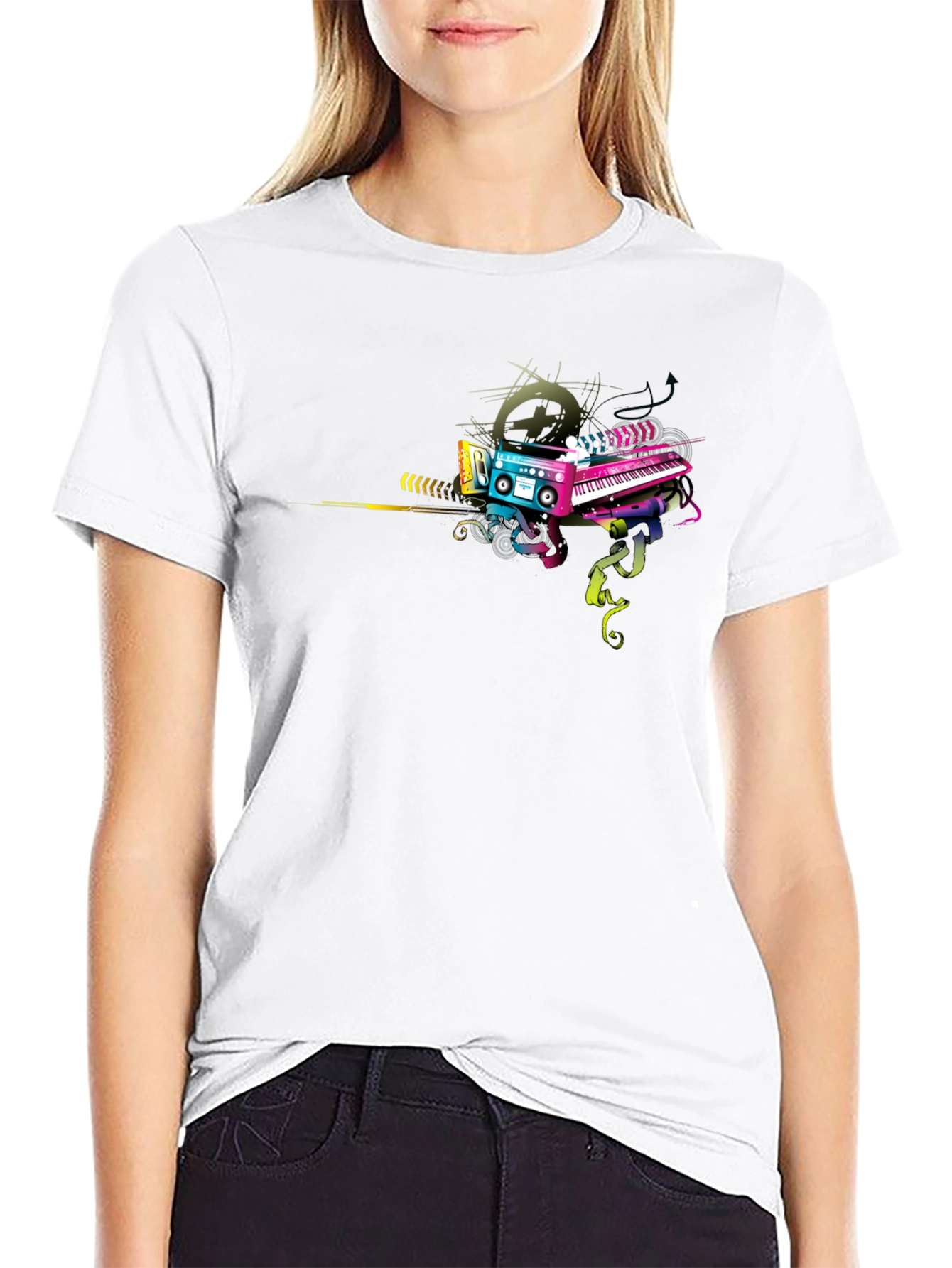 Retro Music Graphic T-Shirt - Cassette & Keyboard Design