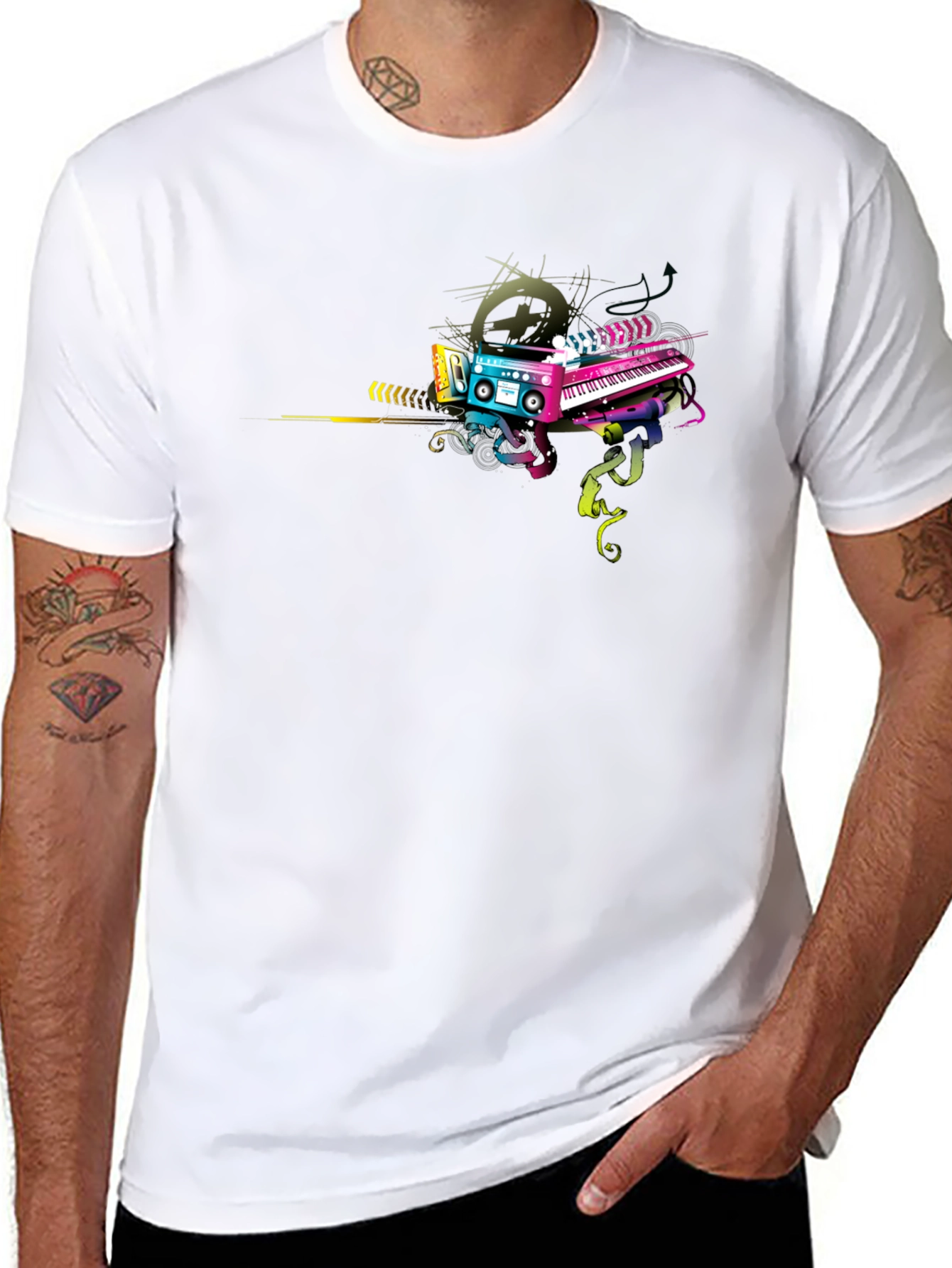 Retro Music Graphic T-Shirt - Cassette & Keyboard Design