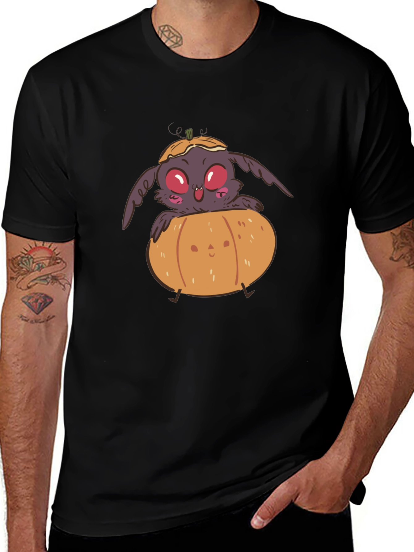Spooky Cute Moth in Pumpkin Halloween Black T-Shirt