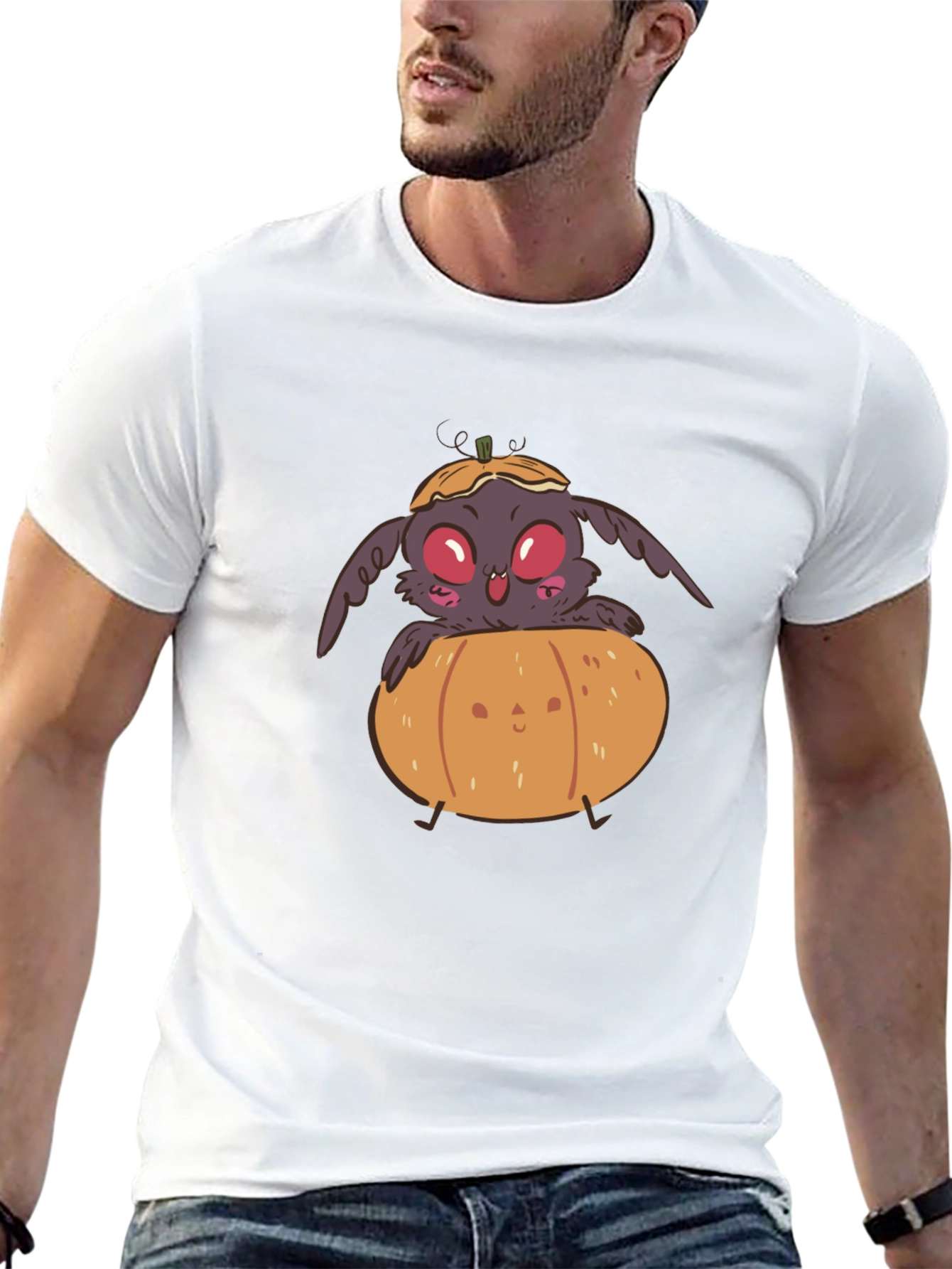Spooky Cute Moth in Pumpkin Halloween Black T-Shirt