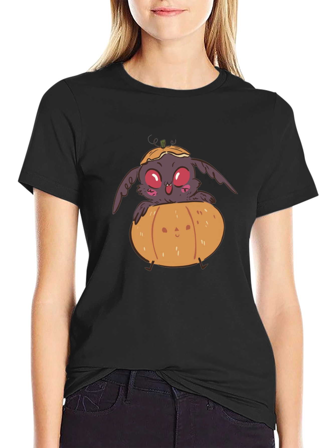 Spooky Cute Moth in Pumpkin Halloween Black T-Shirt