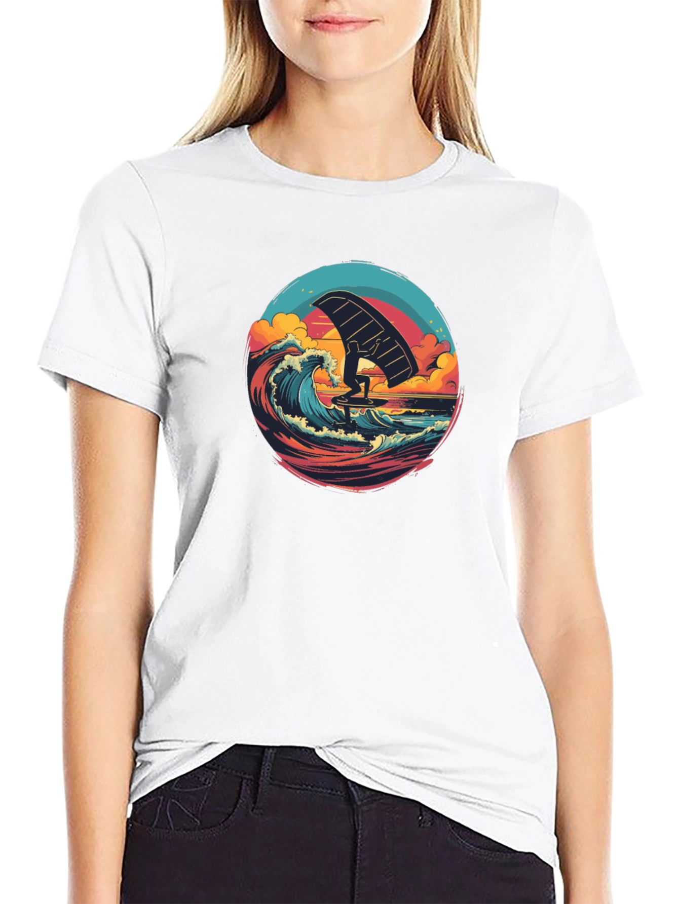 Wing Foiling Black T-Shirt - Ocean Wave Design